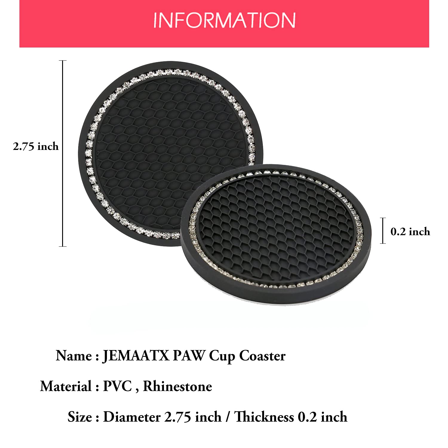 JEMAATX 2 Pack Bling Car Cup Coasters with Holder - Anti Slip Crystal Cup Mats for Women, 2.75 Inch Diameter, Black (JMT-4789) - Perfect for Car Interior Accessories & Drink Protection
