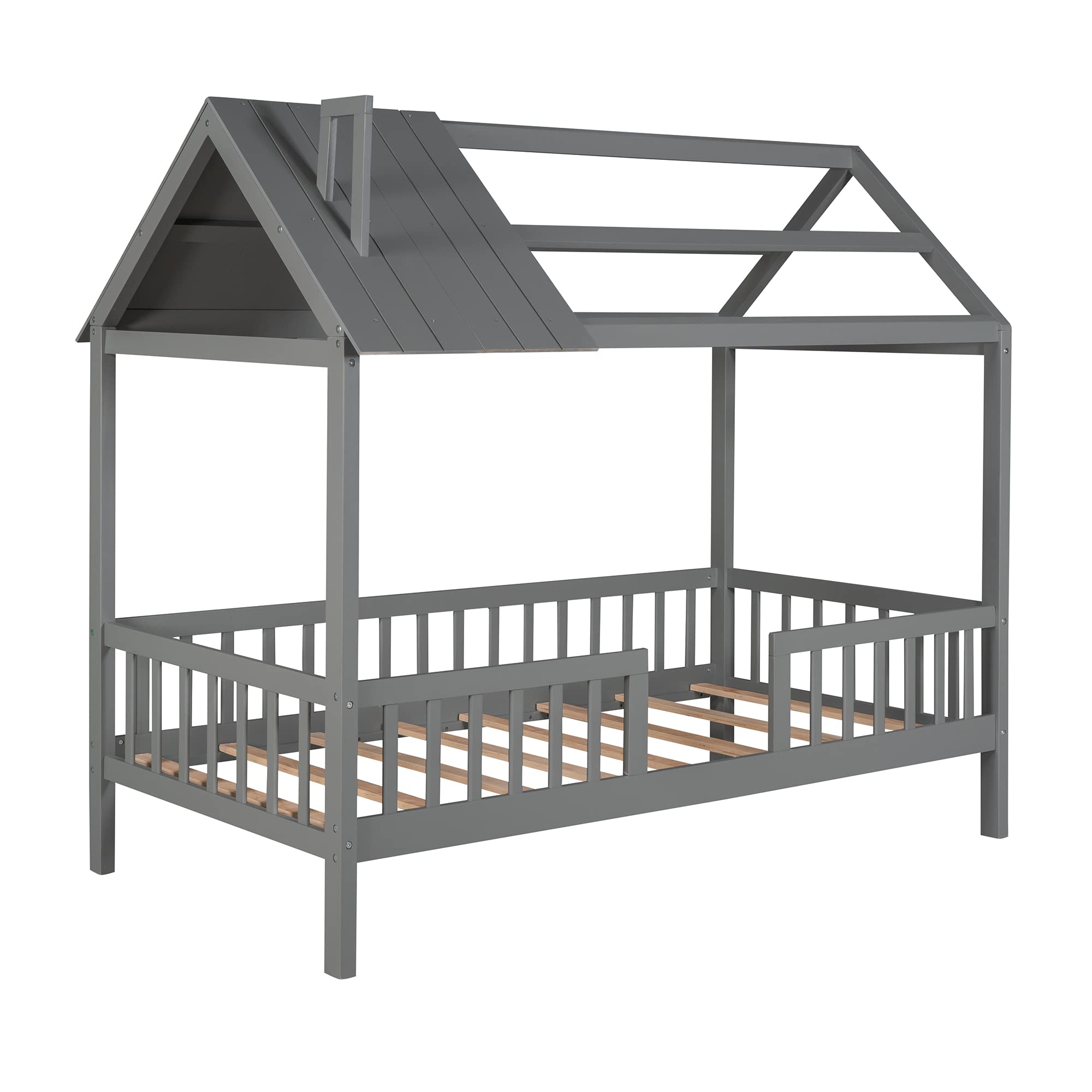 AOCOROE Twin Size Wooden House Bed Frame for Kids - Sturdy Platform Bed with Slats & Safety Guard Rails - Perfect for Boys & Girls Bedrooms, Playrooms & Cozy Sleep Spaces