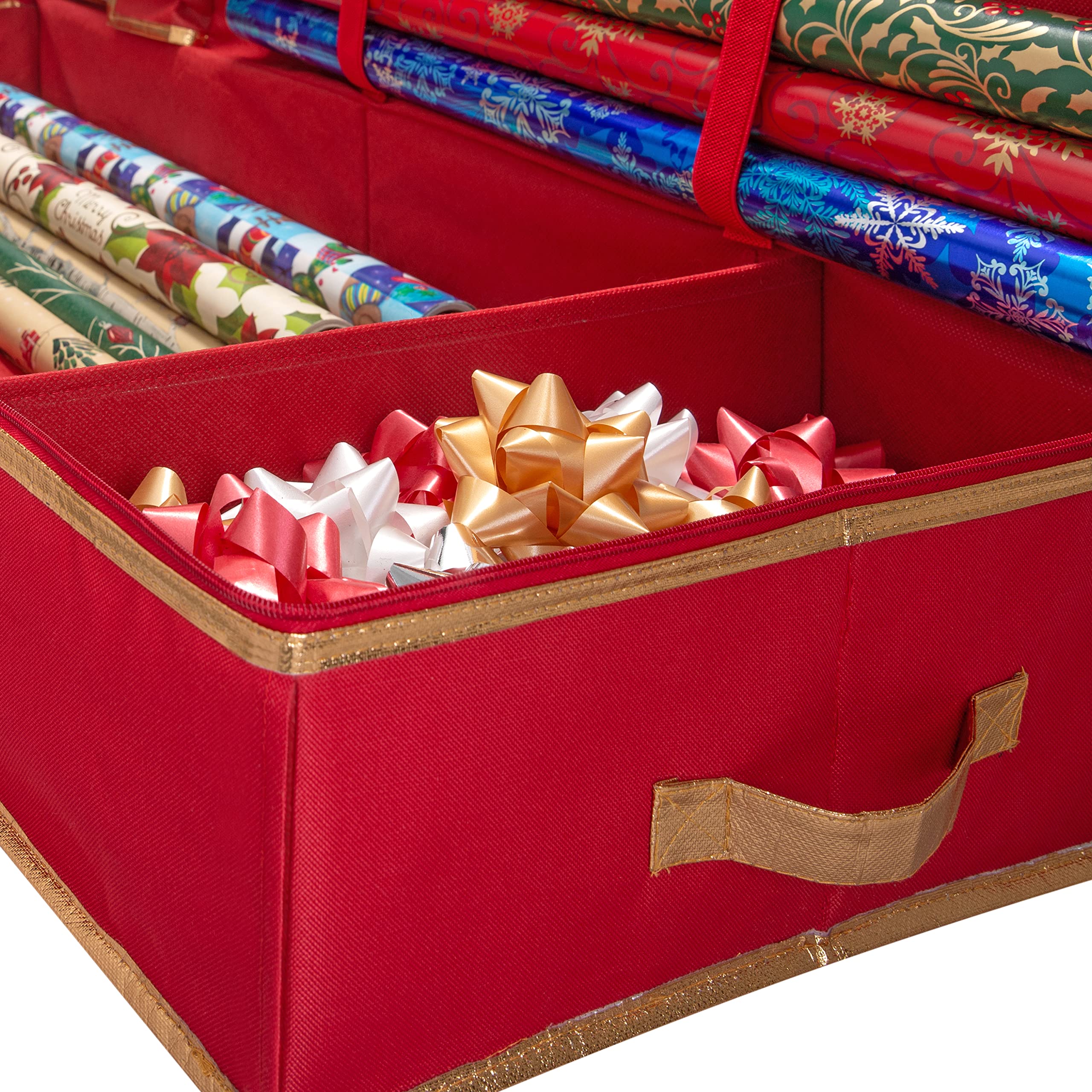 Simplify Holiday Gift Wrap Storage Tote with Compartments for Ribbons & Bows | Zipper Closure & Carry Handle | Christmas Organization Solution | Perfect for Wrapping Paper Storage, Holiday Decor Organization & Gift Wrapping Station (Red)