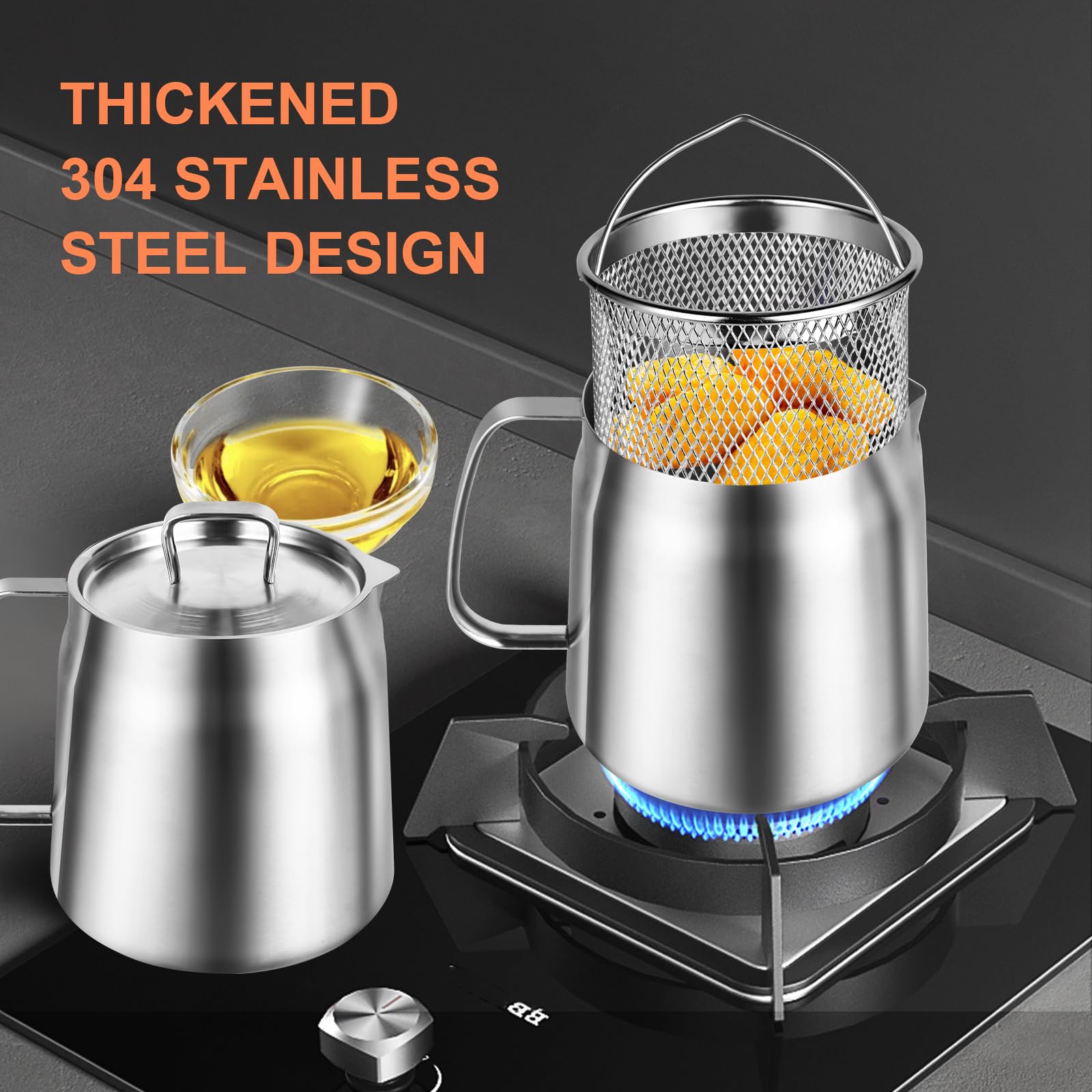 Premium 304 Stainless Steel Oil Filter Pot - 68oz/2L Bacon Grease Container with Fine Mesh Strainer & Frying Basket - Large Capacity Multifunctional Kitchen Oil Strainer for Cooking, Frying, Camping & Outdoor BBQ