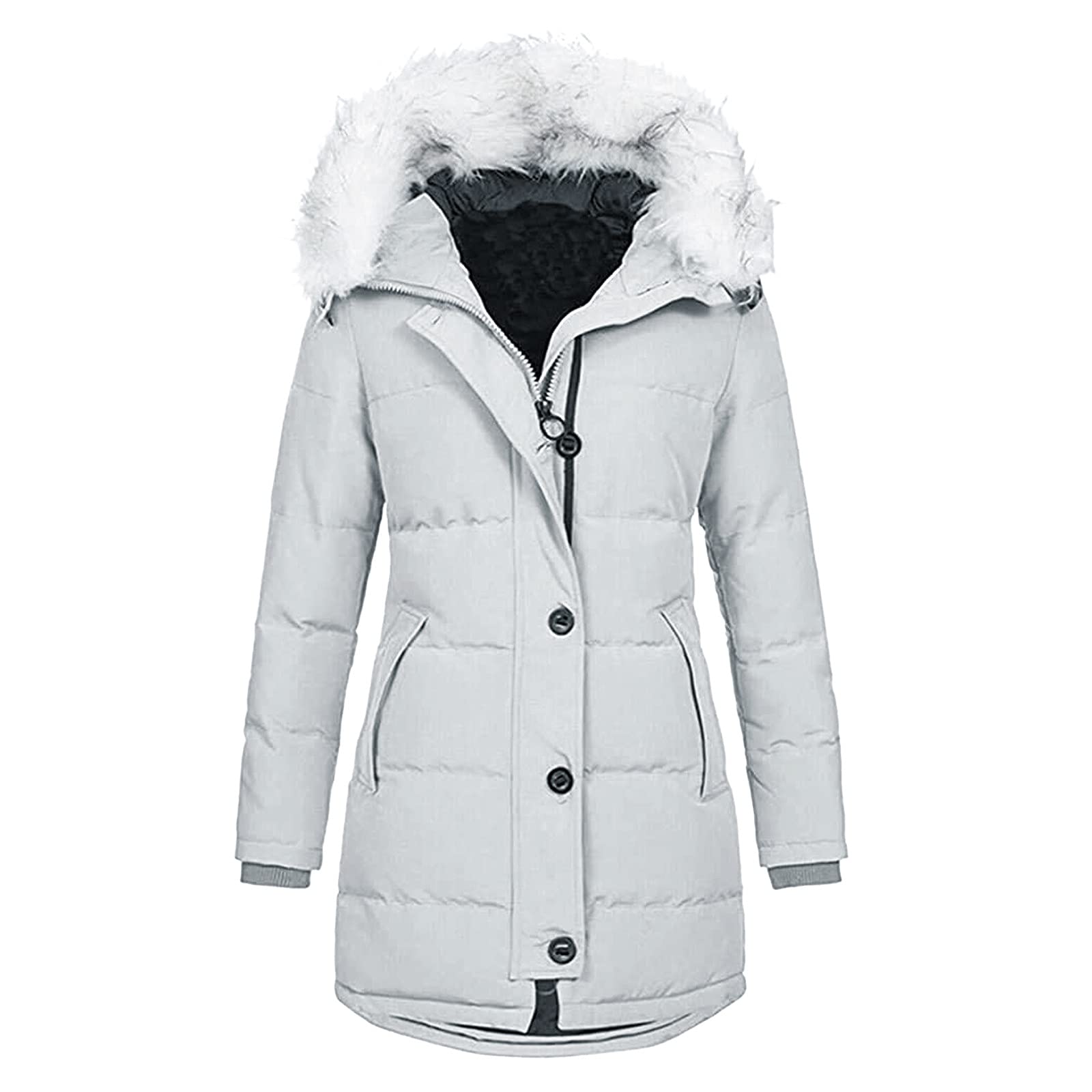 Women's Fashion Faux Fur Hooded Winter Coat with Drawstring - Fleece Lined Warm Padded Jacket with Slim Fit Zipper for Casual Outwear & Cold Weather Protection
