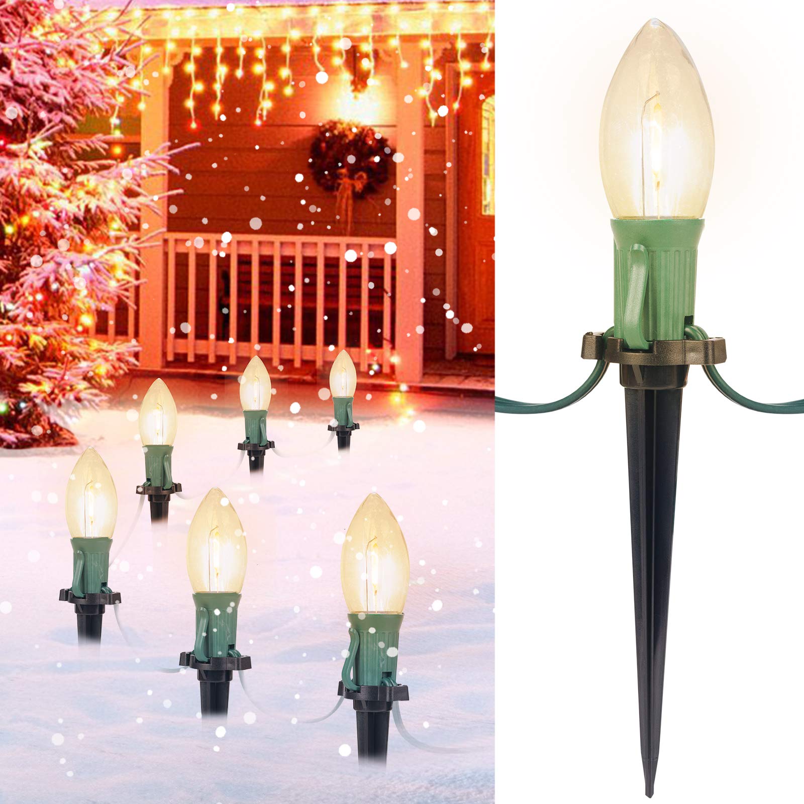 26 FT Connectable C9 LED Christmas Pathway Lights Outdoor - Waterproof String Lights with 20 Warm White LEDs & Stakes - Perfect for Walkway, Driveway, Garden, and Holiday Decorations