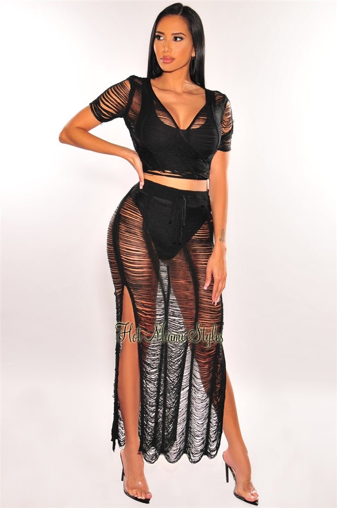 Black Crochet Knit Sheer Skirt Two Piece Set - Beach Cover Up for Women, Summer Boho Outfit, Vacation Swimwear Cover, Pool Party Dress