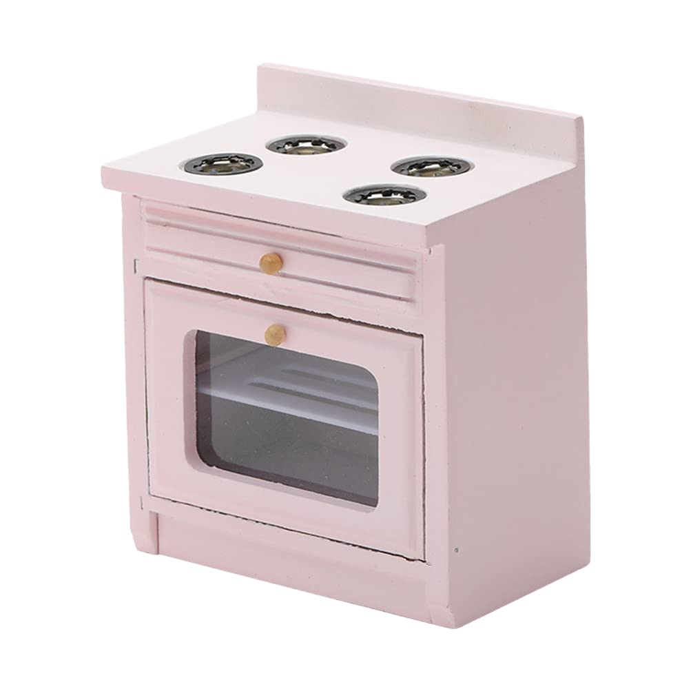 1:12 Scale Miniature Wooden Dollhouse Kitchen Stove - Pink DIY Craft Cooking Bench Toy for Kids Birthday Gift, Room Decor & Collectible Display
