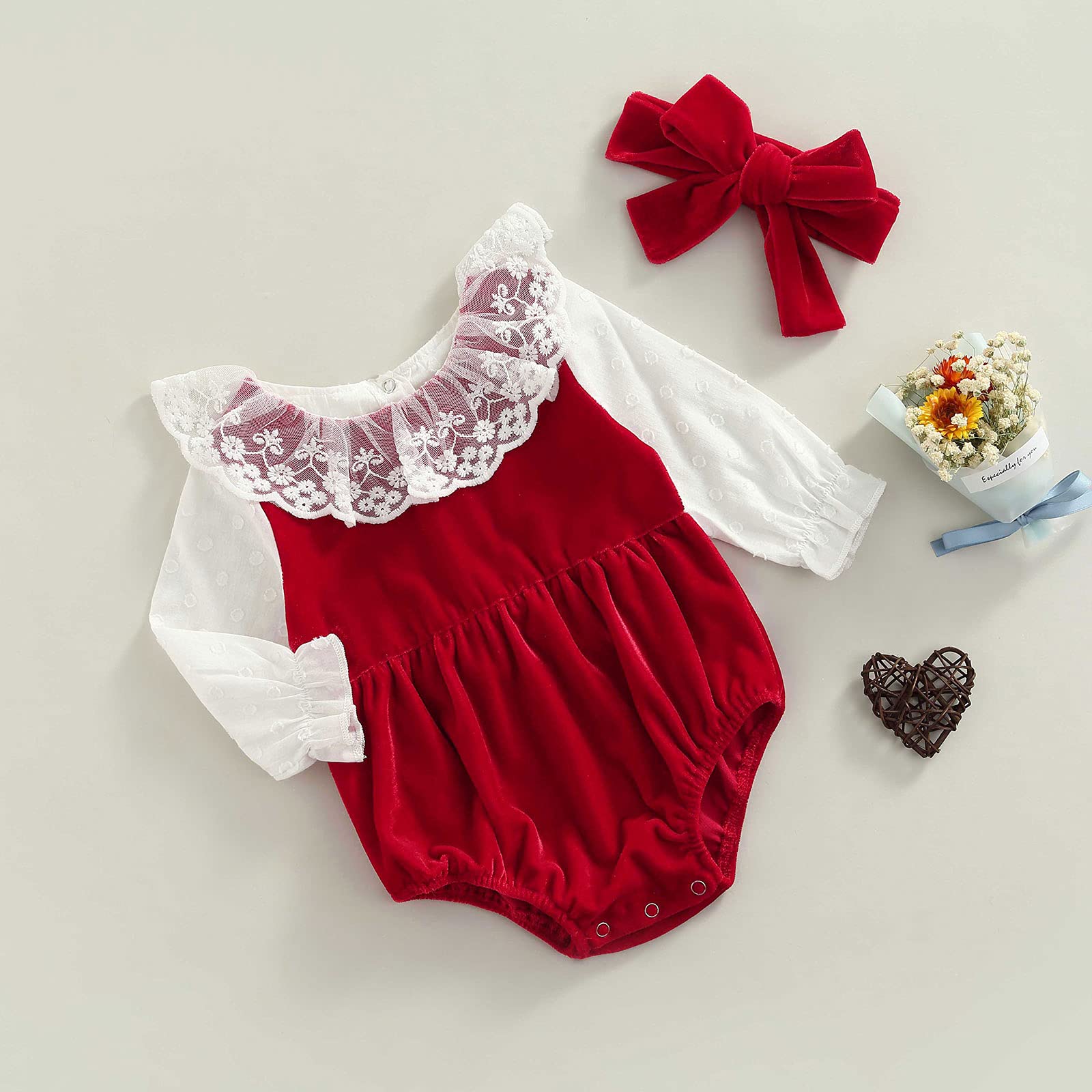 BOIBOKO Newborn Baby Girl Christmas Outfit - Red Lace Long Sleeve Romper Jumpsuit with Headband | Winter Holiday Photoshoot, Family Gathering, Seasonal Party Wear