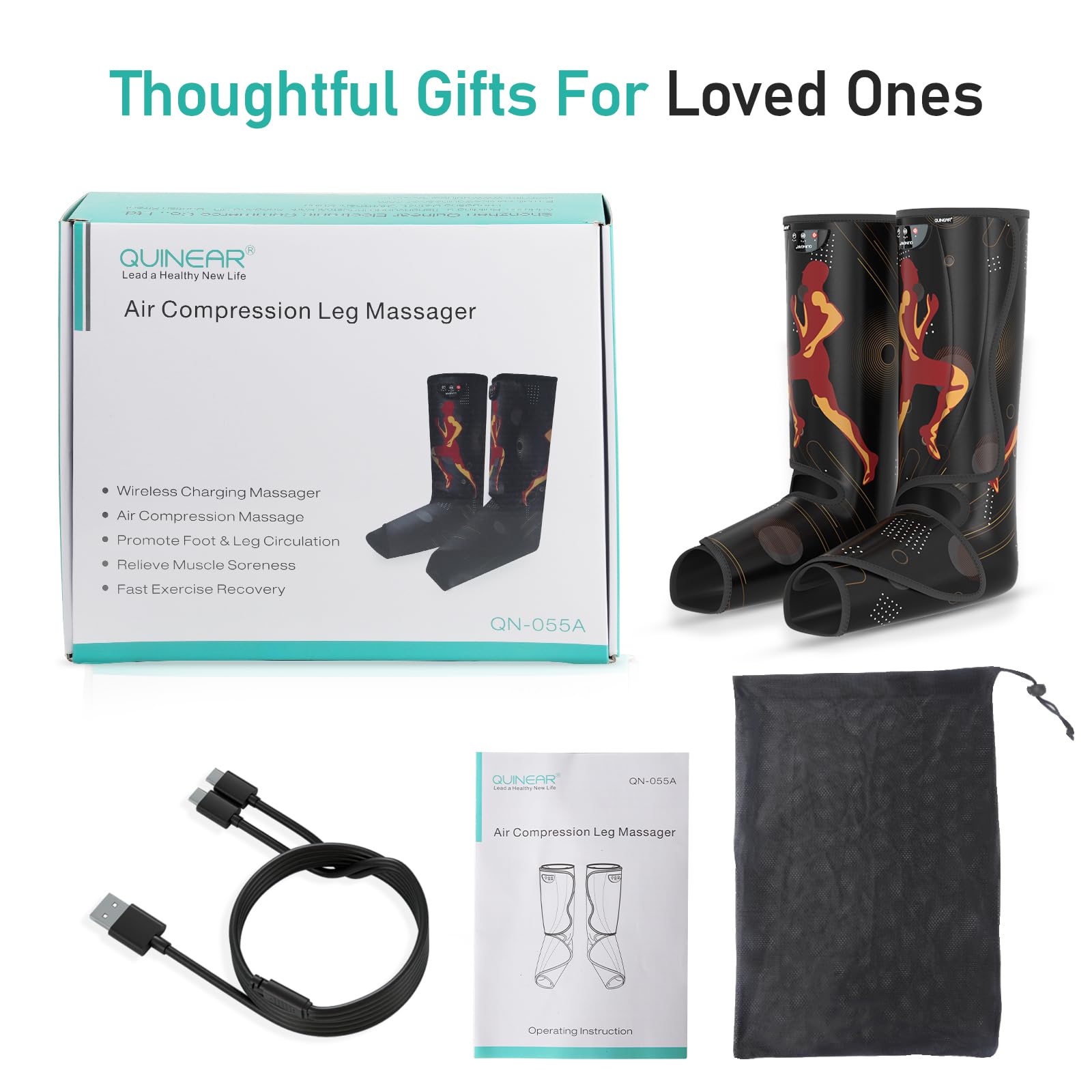 QUINEAR Cordless Rechargeable Leg Massager for Calf & Foot - Air Compression Therapy with 3 Modes & 3 Intensities - Relieve Muscle Pain, Improve Circulation & Relaxation - Perfect for Home, Office & Post-Workout Recovery