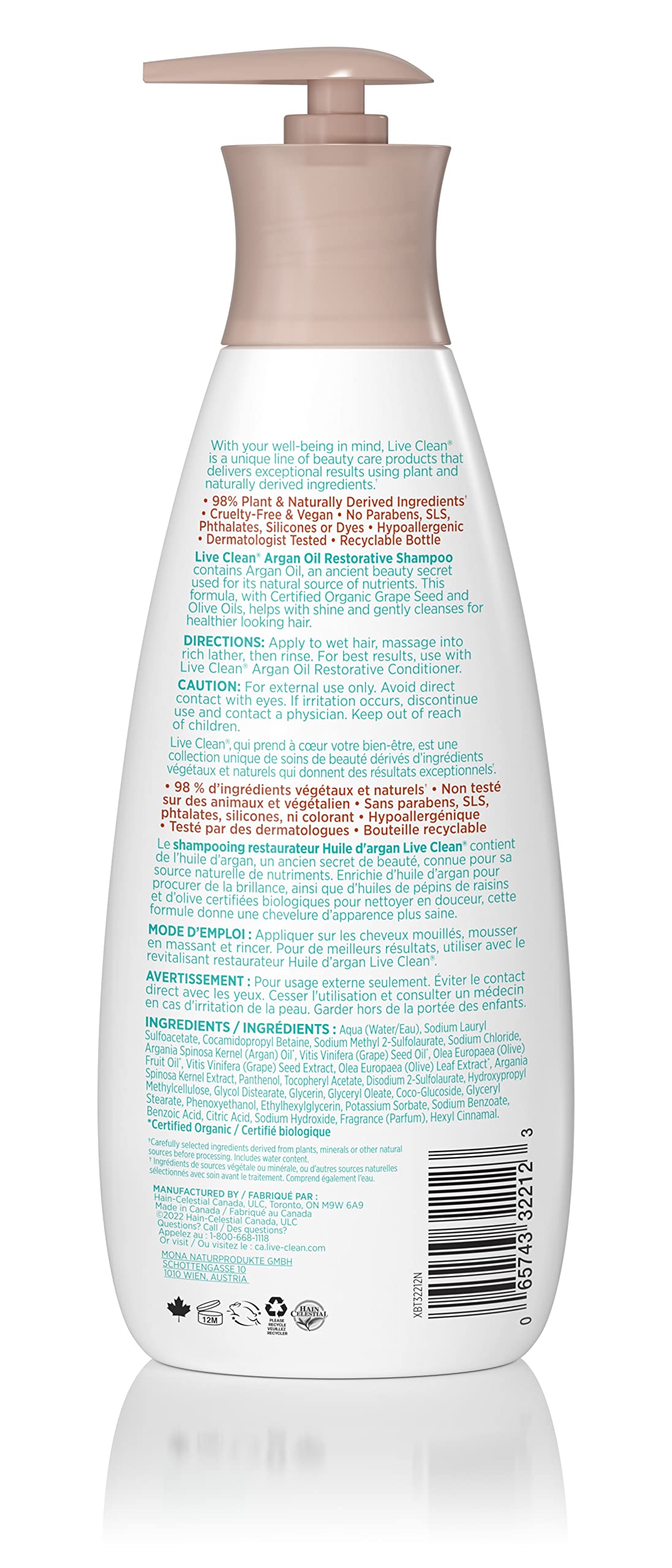 Live Clean Argan Oil Shampoo for Dry & Damaged Hair - 25.4 fl oz (750ml) - Sulfate Free, Vegan & Cruelty Free - Hydrating & Repairing Hair Care for Daily Use at Home or Salon