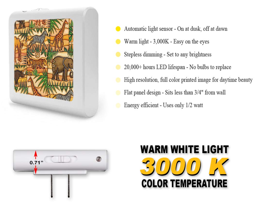 Dimmable LED Night Light with Auto On/Off Sensor, Adjustable Brightness & Warm White Light - Perfect for Bathroom, Hallway, Nursery & Bedroom (Safari Design by Dan Morris) - Create Cozy Ambiance for Nighttime Safety & Comfort
