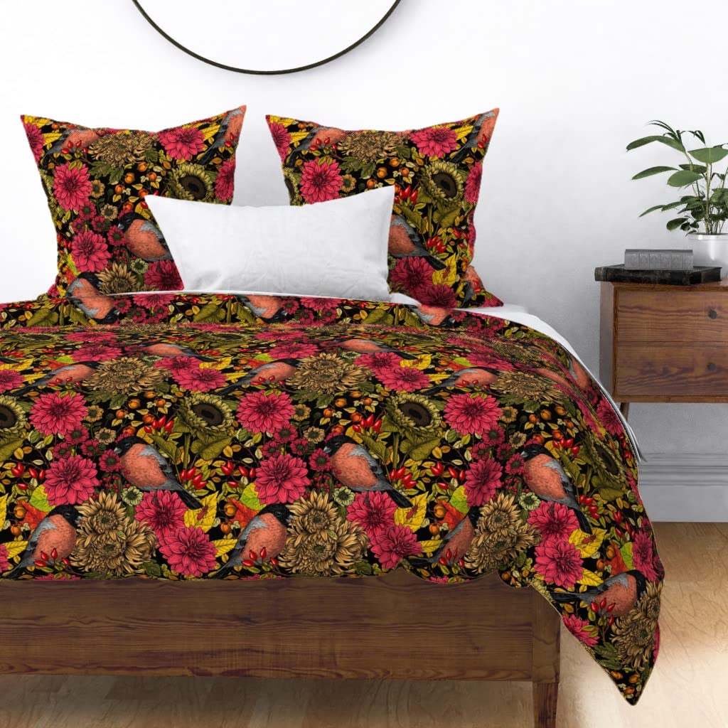 Custom Spoonflower Cotton Sateen Duvet Cover King/California King - Autumn Garden Bold Maximalist Floral Print Bedding Set for Luxury Master Bedroom Decor