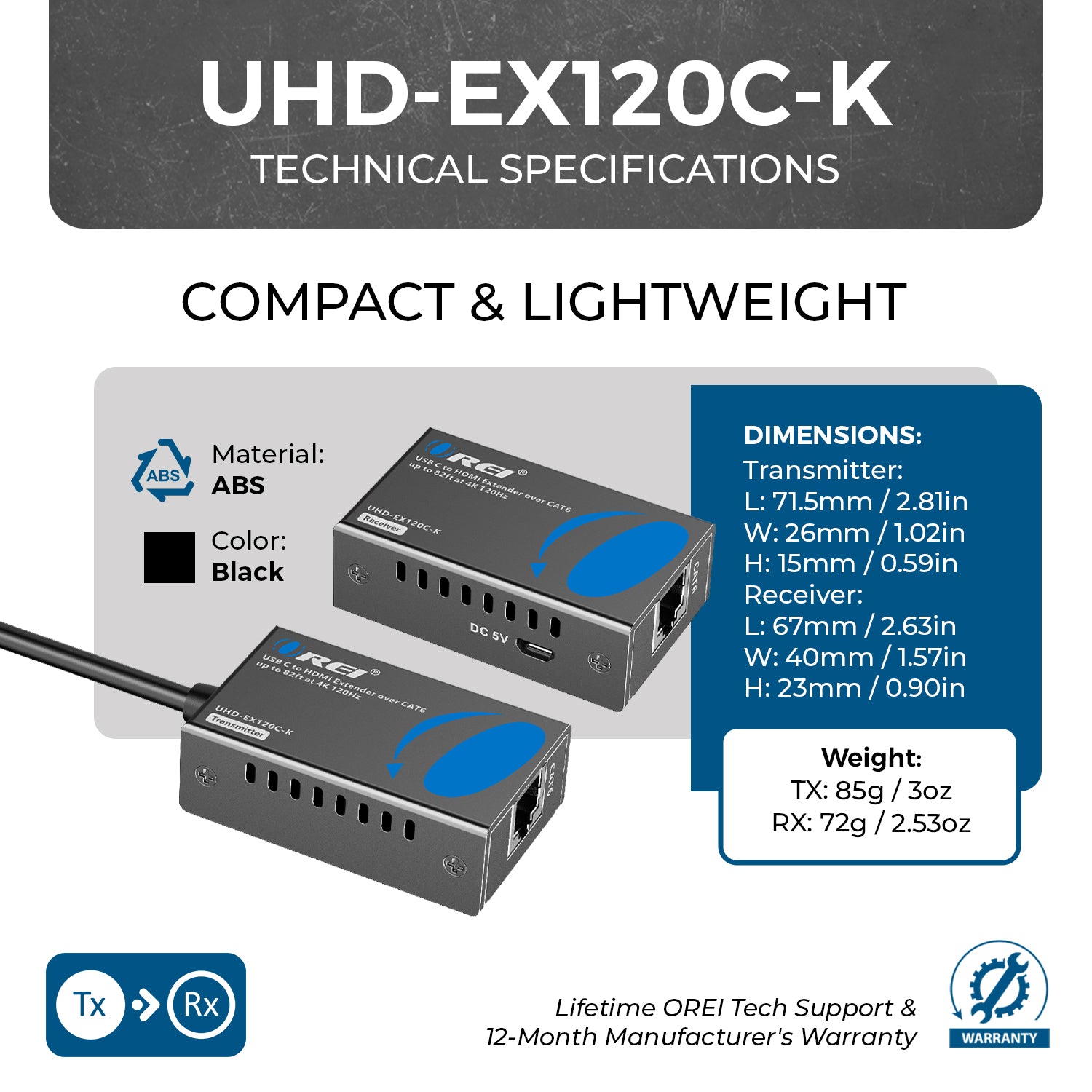 4K@120Hz HDMI Extender Over Cat6 with USB C - Up to 82 Feet UHD Transmission (UHD EX120C K) - Perfect for Home Theater, Gaming & Conference Room Setup