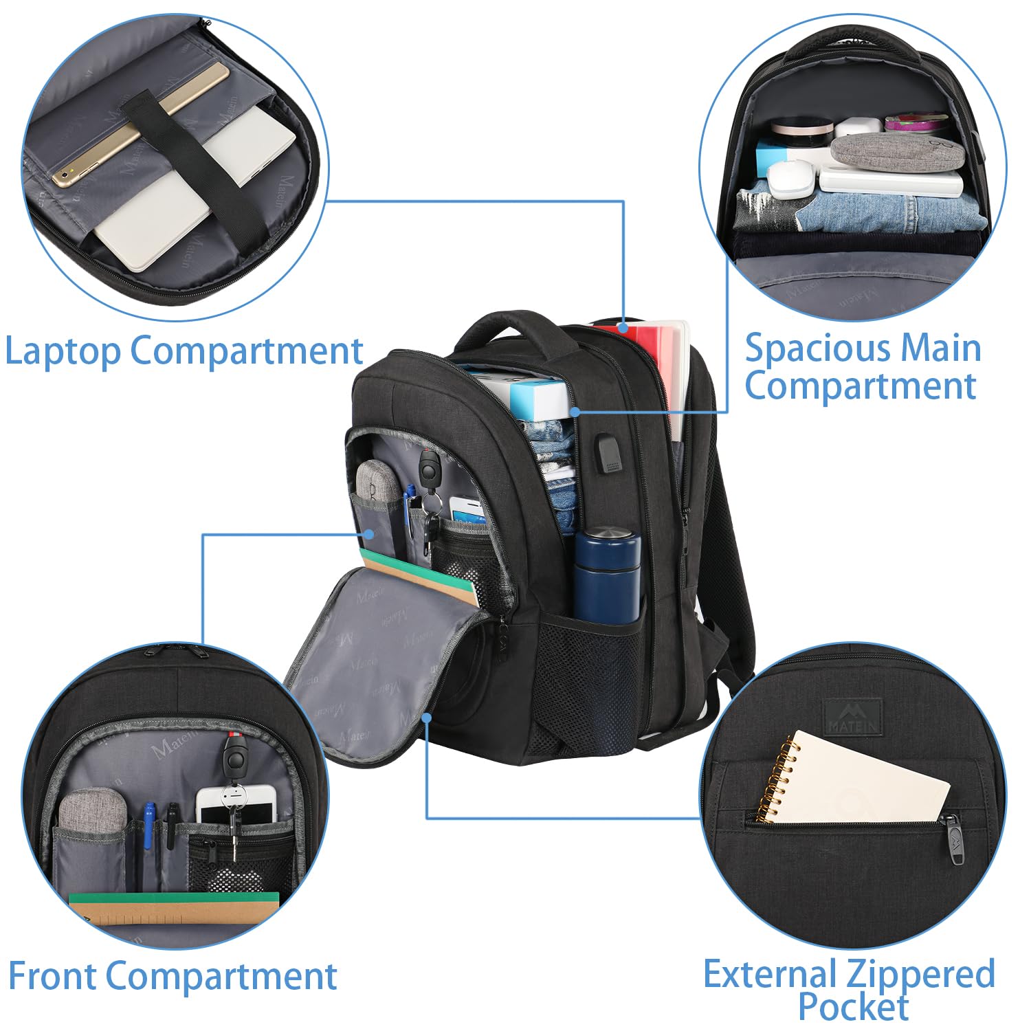 MATEIN Expandable Anti-Theft Travel Laptop Backpack for Men & Women - USB Charging Port, Water Resistant Business Backpack Fits 15.6 Inch Computer - Perfect for College, School, Work & Commuting - Black