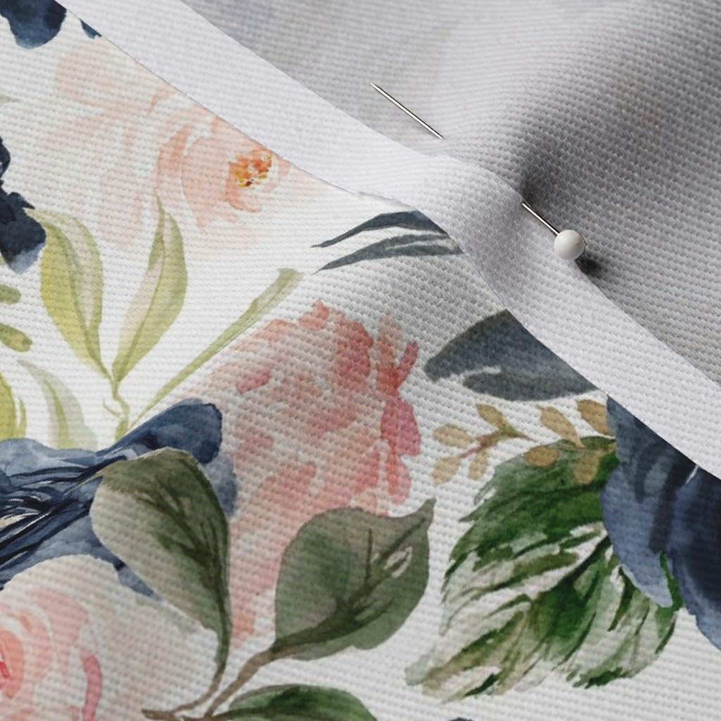 Beach Blossoms Floral Printed Denim Fabric by The Yard - White Flowers Rose Navy Spring Roses Blush Design for Apparel, Home Decor & Upholstery | Perfect for DIY Dresses, Curtains & Throw Pillows