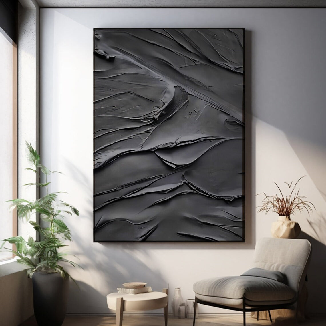 Black Plaster Art Minimalist Textured Painting - Modern Abstract Wall Decor for Living Room, Bedroom & Office | MZ048