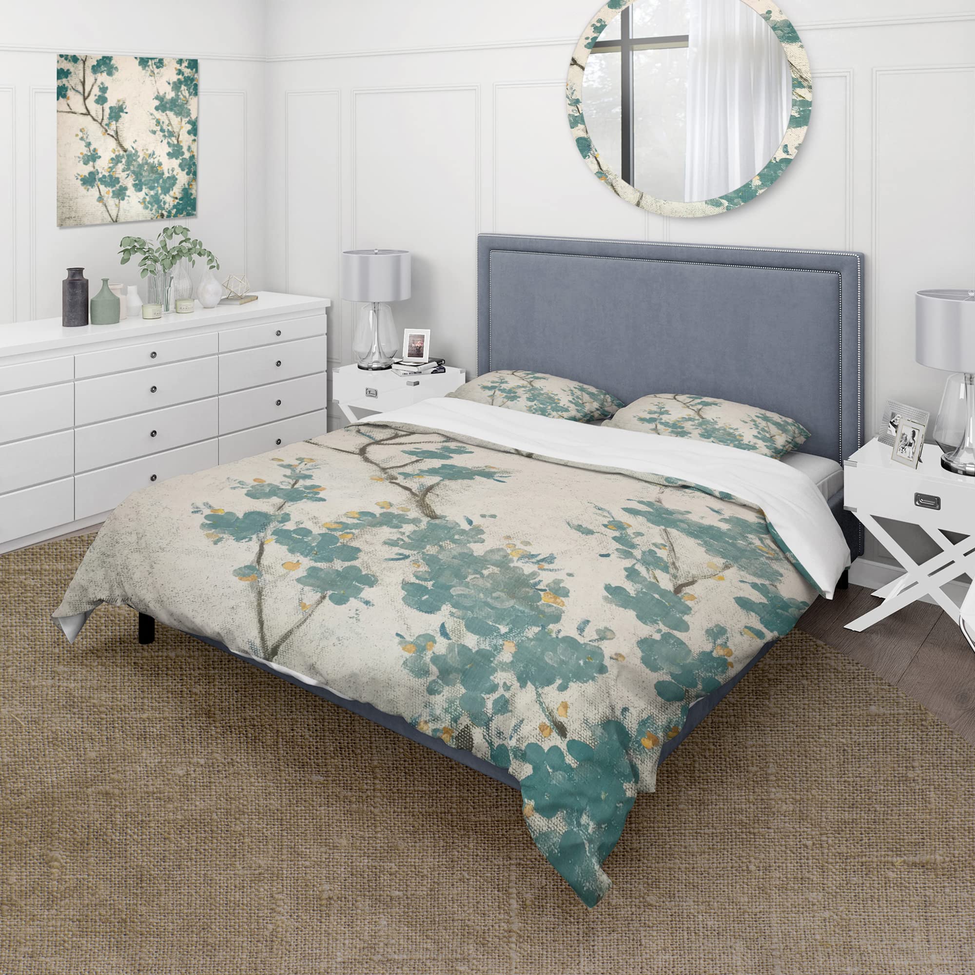 DesignQ Teal Cherry Blossoms Traditional Duvet Cover Set - Queen Size Blue Floral Bedding (3-Piece) | All-Season Comfort for Master Bedroom, Guest Room & Dorm Decor