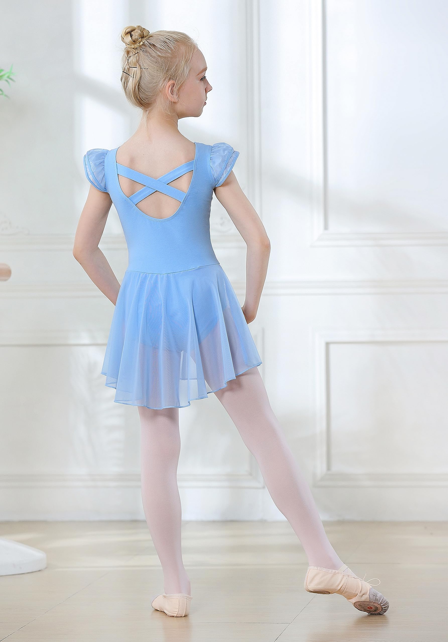 DIPUG Girls Ballet Leotard with Skirt - Toddler Dance Leotard with Flutter Sleeves & Criss Cross Back - Perfect for Ballet Class, Recital & Dance Performance