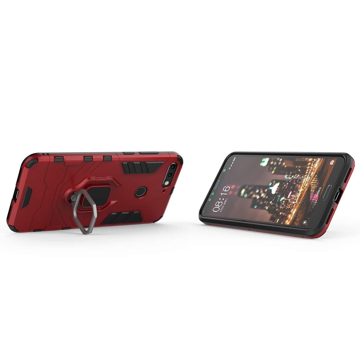 LuluMain Huawei Y6 (2018) Case & Honor 7A Phone Cover - Shockproof Hard Bumper with Metal Ring Grip & Kickstand | Magnetic Car Mount Compatible | Dual Layer Rugged Protection (Red) - Perfect for Outdoor Activities, Travel & Daily Use