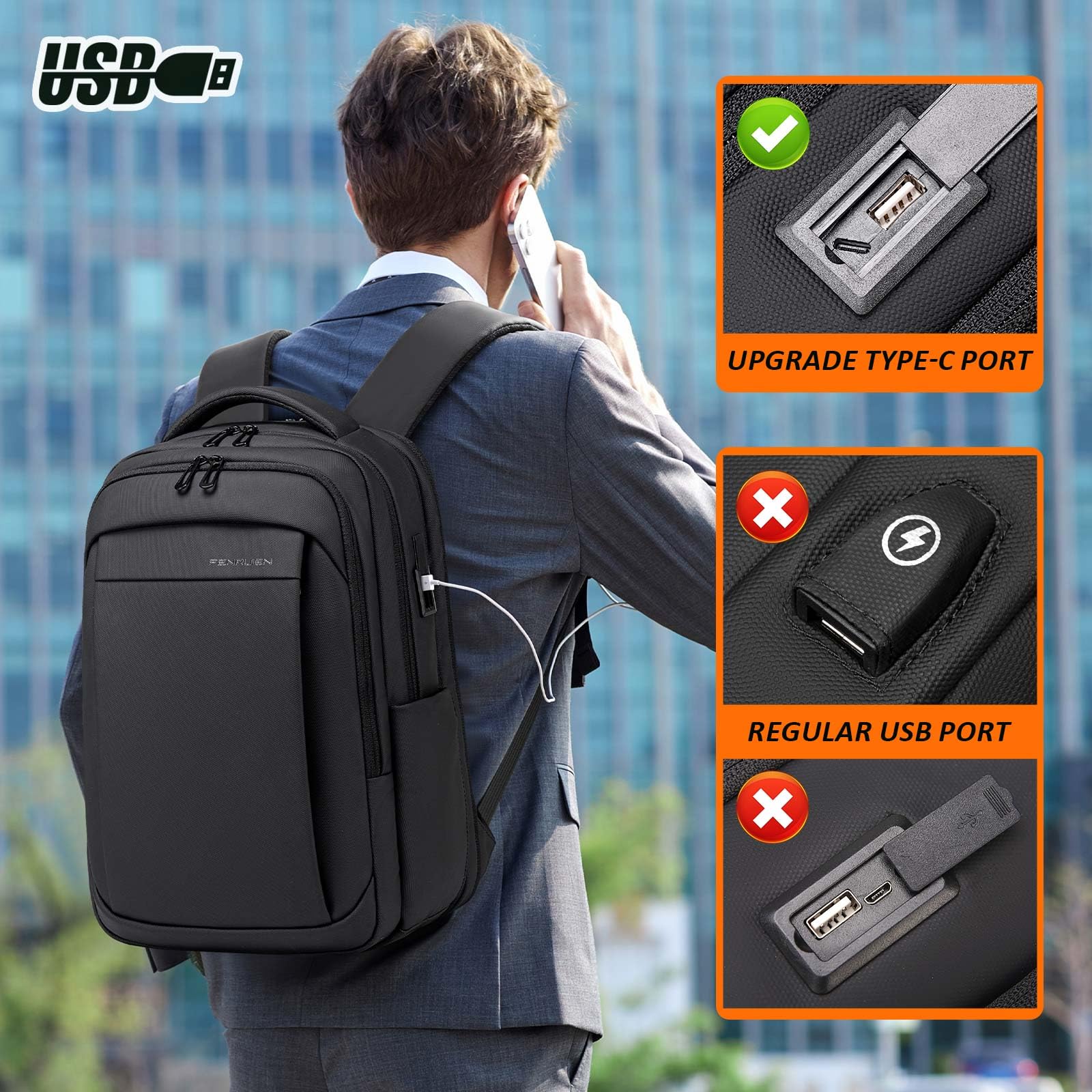 FENRUIEN Expandable Water Resistant Travel Backpack for Men - 15.6 Inch Laptop Bag with USB Charging Port - Perfect for Business Trips, Commuting & Outdoor Adventures (Black)