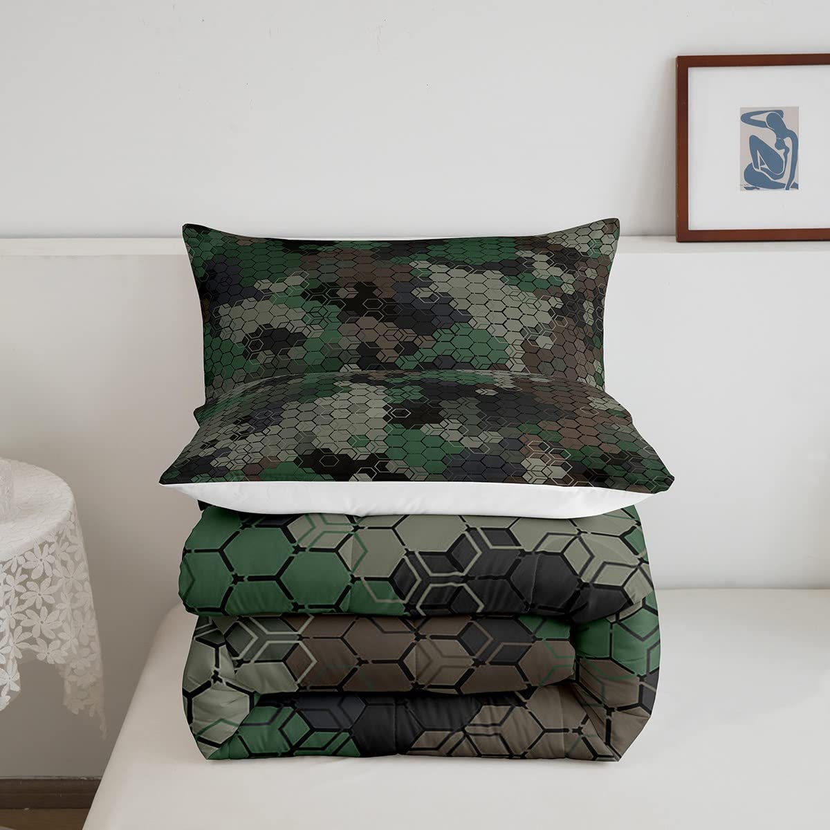 Army Camouflage Comforter Set Full Size - Honeycomb Camo Bedding for Teens, Adults, Kids - Green & Brown Geometric Duvet Cover with Pillowcases - Perfect for Boys & Girls Bedroom Decor, Camping Themed Rooms, and Military Style Home Design