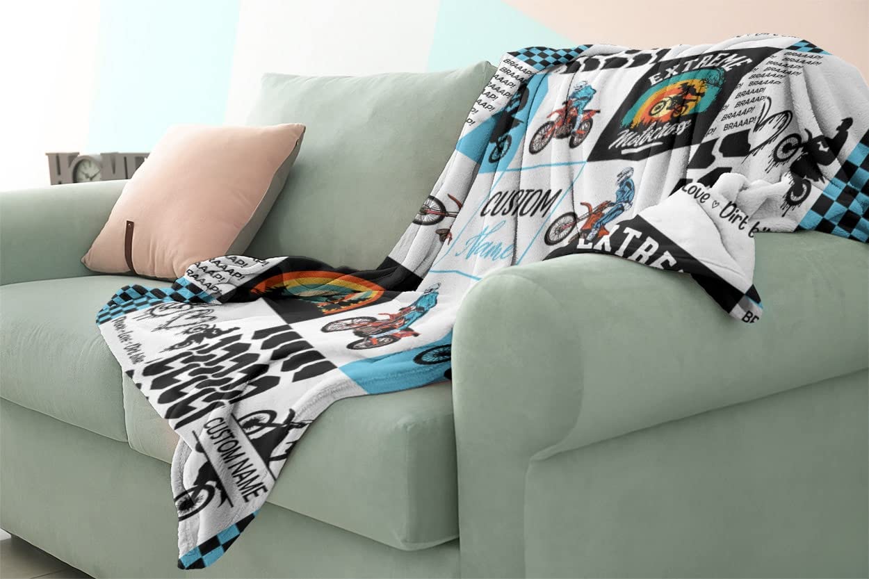 Custom Dirt Bike Motocross Fleece Blanket - Super Soft Plush Throw for Bed, Sofa & Couch - Personalized Motorcycle Rider Gift for Kids & Baby Boys - 60x80 Inch Cozy Blanket - Perfect for Bedroom Decor, Racing Enthusiasts & Motorbike Lovers