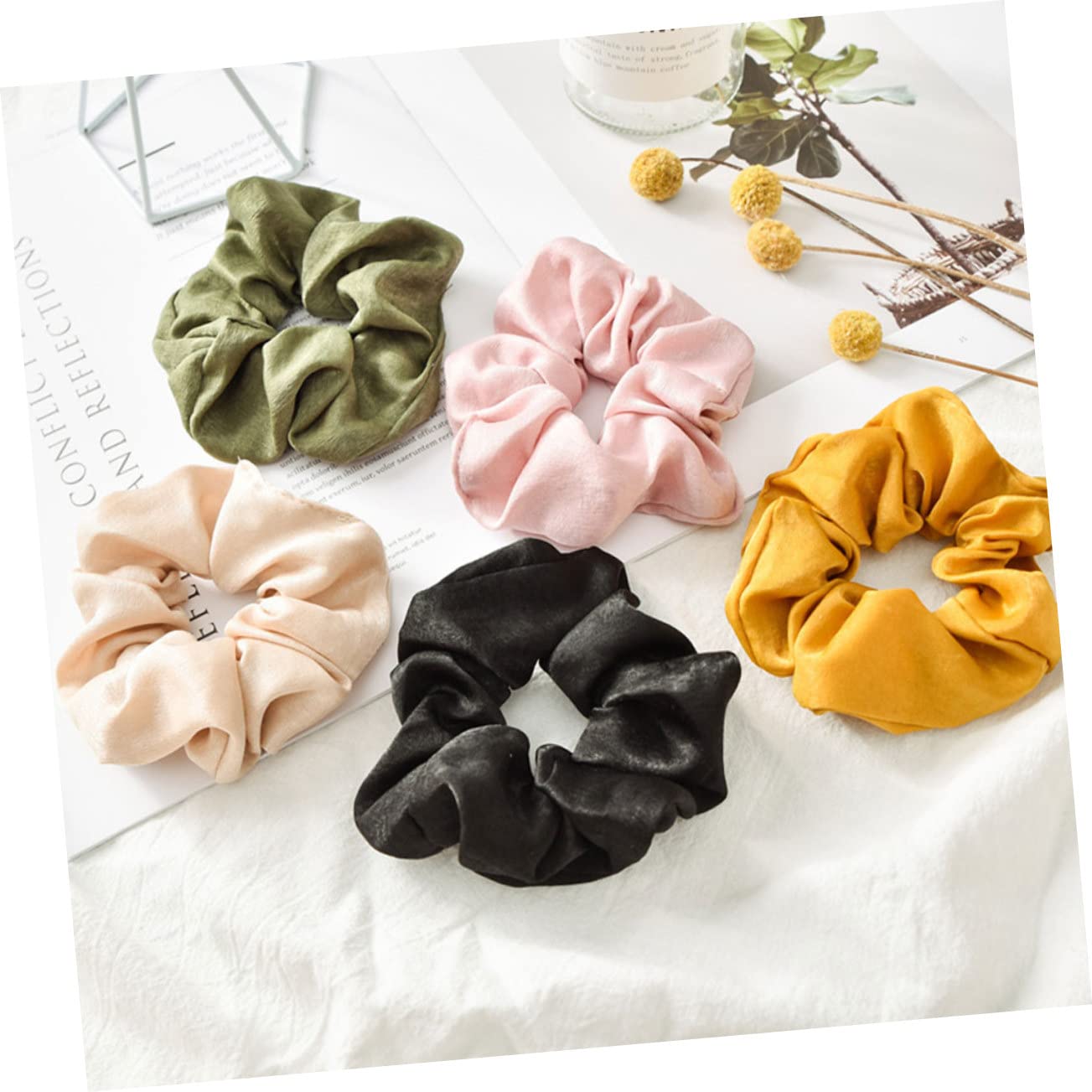 FOMIYES 5-Pack Satin Hair Ties for Women & Girls - Stretch Elastic Ponytail Holders in Yellow, Green, Black, Pink & Khaki - Soft Hair Accessories for Daily Use, Workouts & Fashion Styling