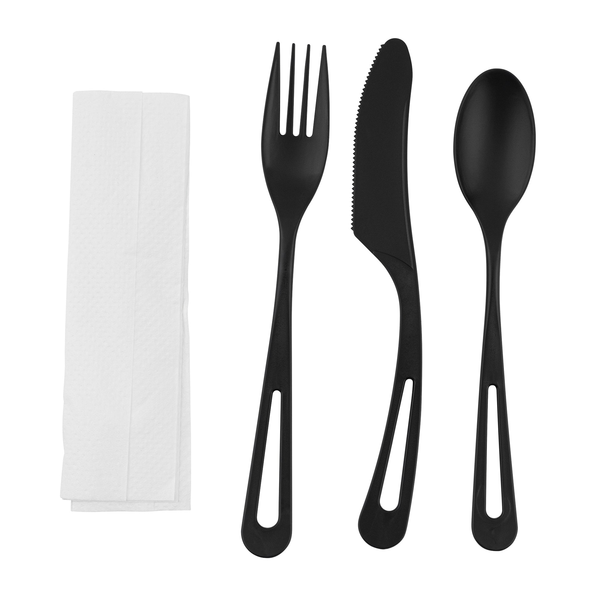 Eco-Friendly Black CPLA Plastic Cutlery Set - 100-Piece Compostable Cutlery with Wrappers & White Napkins | Heat-Resistant 7.5