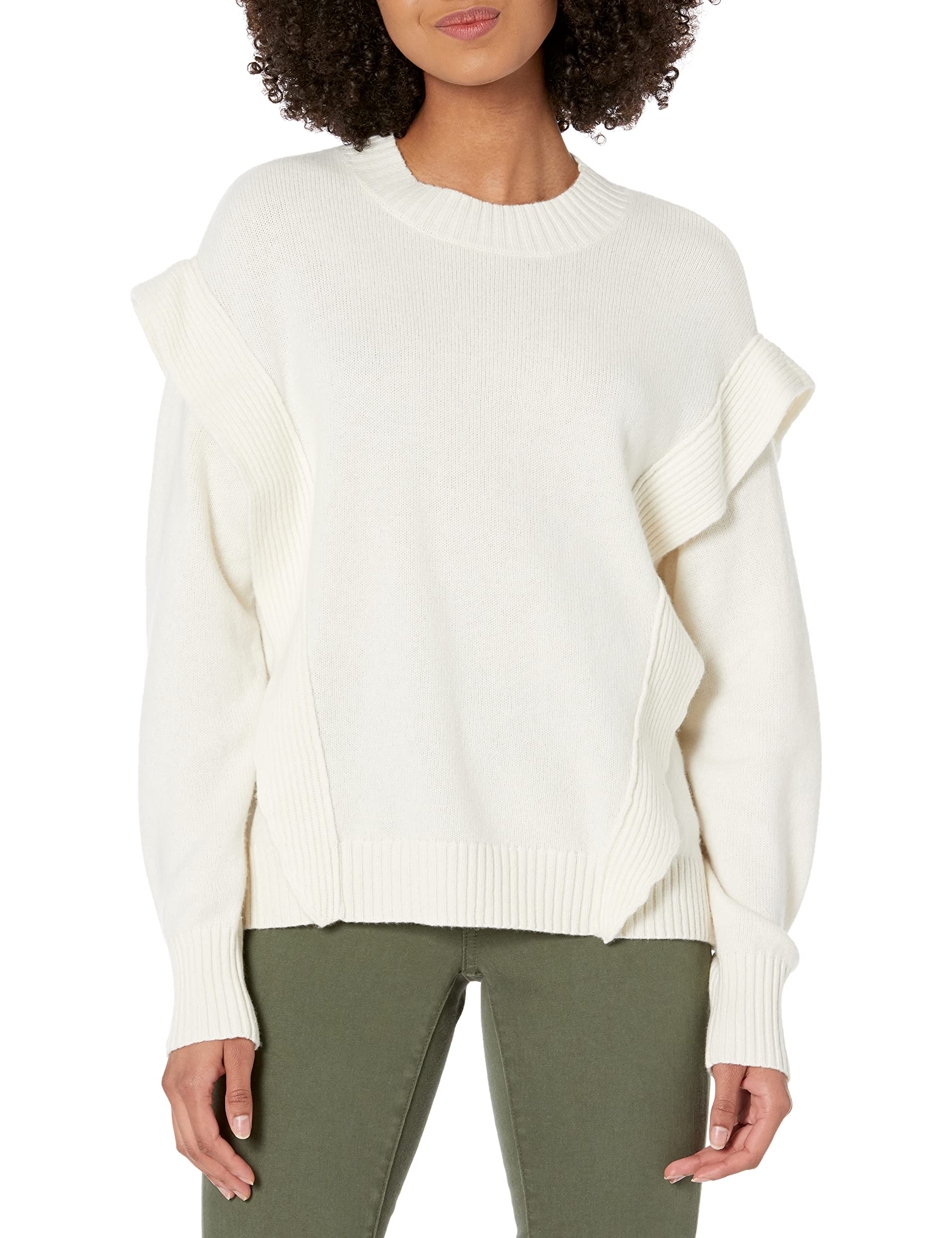 BCBGMAXAZRIA Women's Long Sleeve Ruffle Sweater - Soft Knit Pullover for Fall & Winter - Perfect for Office, Date Night and Holiday Parties