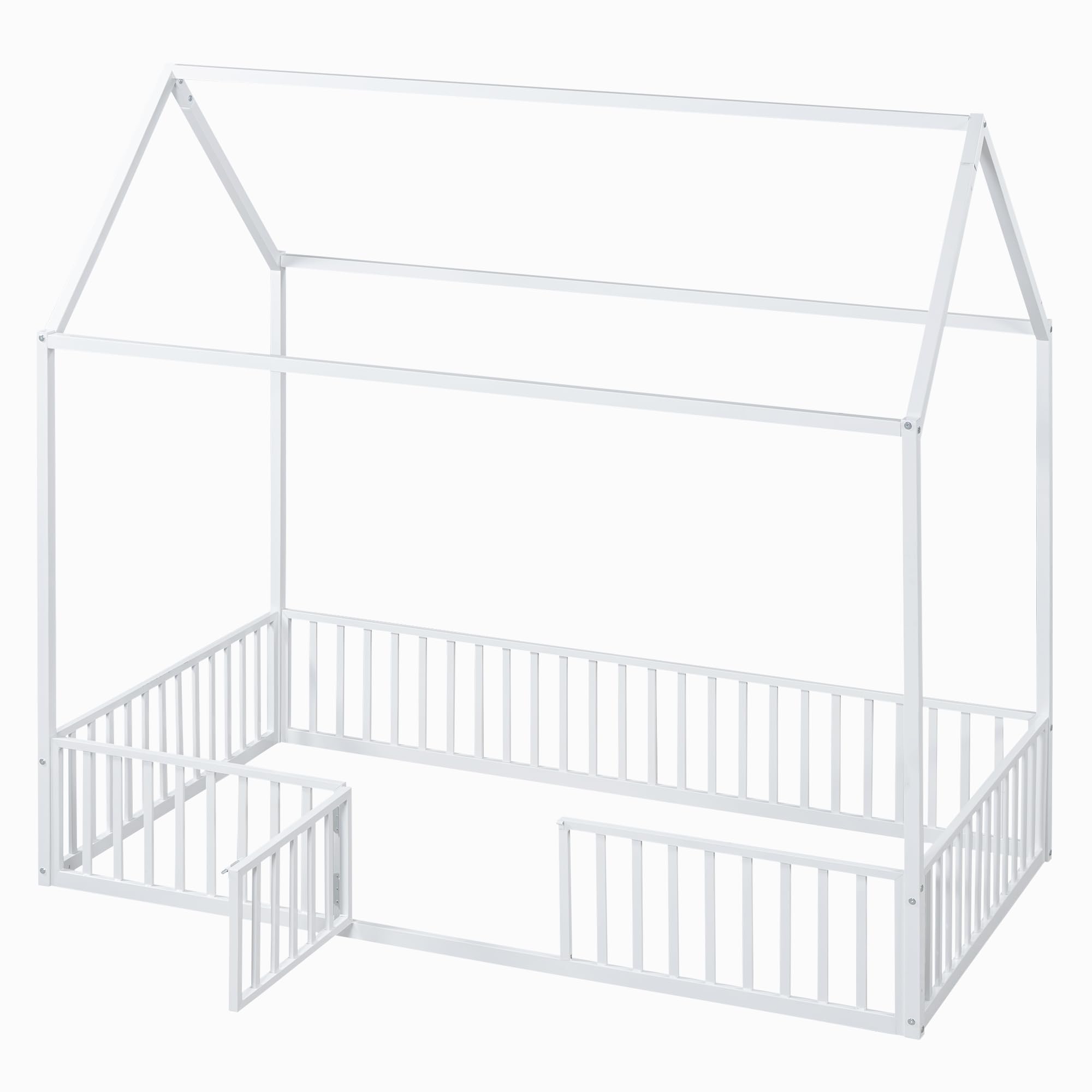 Bellemave Twin Floor Bed with Door and Fence - Montessori Kids Bed with Roof for Girls & Boys in White - Perfect for Toddler Rooms, Playrooms & Montessori Bedrooms