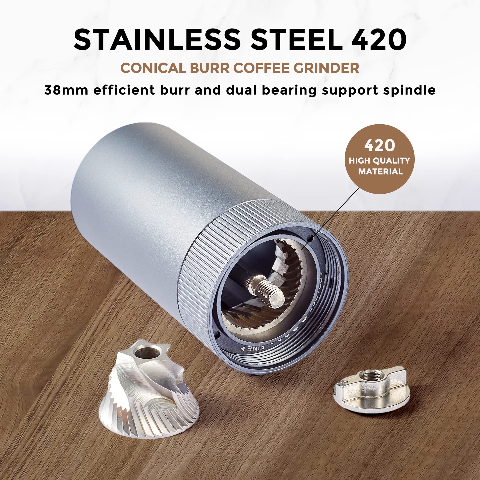 Premium Manual Coffee Grinder - Adjustable Stainless Steel Burr with Numerical Settings, Dual Bearing Design, 30g Capacity for Espresso to Coarse Grind | Perfect for Home, Office, Camping & Travel | Hand Coffee Bean Mill for Fresh Brews Anywhere