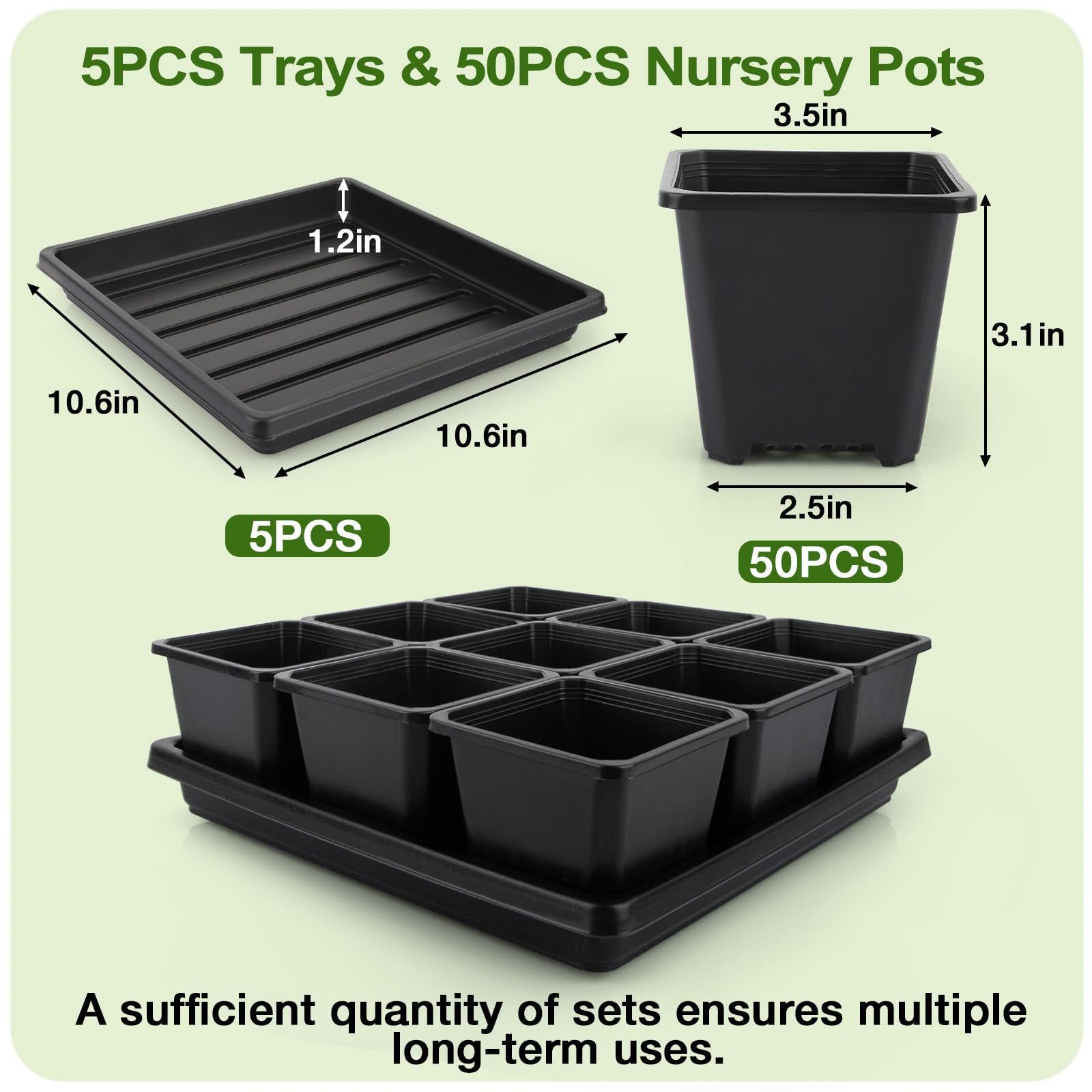 50Pcs 3.5 Inch Square Seed Starter Pots with Drain Holes & 5Pcs Seed Trays - Plant Nursery Propagation Kit for Indoor/Outdoor Gardening, Herb Growing, Flower Seedlings & Vegetable Germination