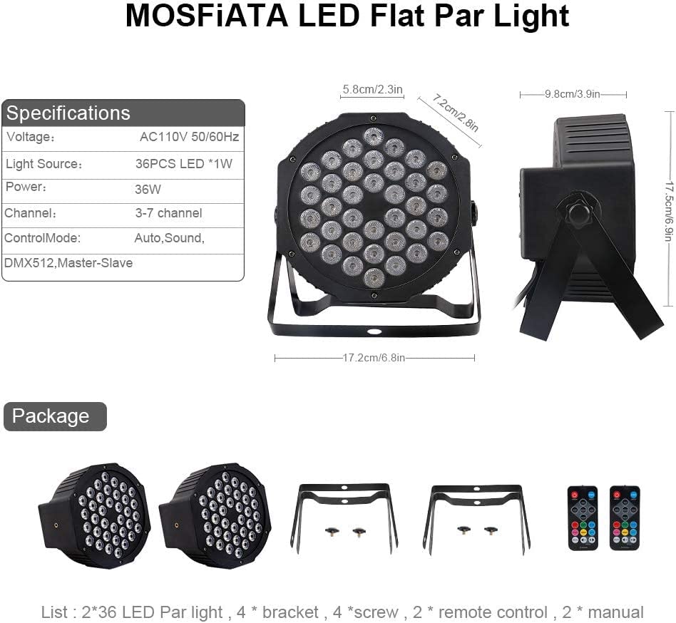 MOSFiATA 6 Pack 36 LED Par Lights - 7 Modes DJ Disco Party Lights with Remote Control, Sound Activation & DMX Control for Christmas Events, Club Parties, Stage Shows - Perfect for Nightclubs, Weddings, Concerts and Home Entertainment