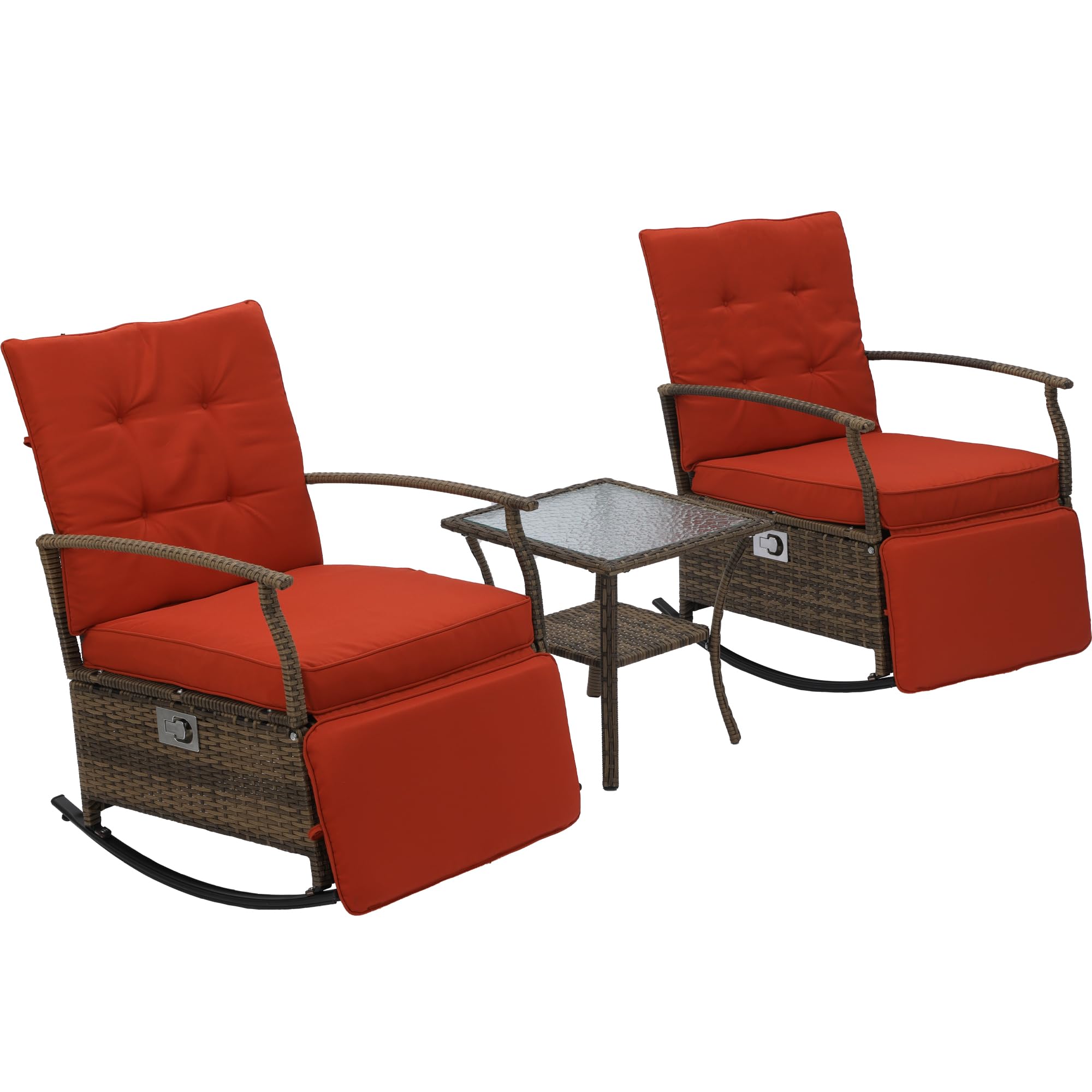 **Outdoor Rocking Chairs - Adjustable Rattan Recliner Chairs with Thick Cushions & Removable Glass Tabletop - PE Wicker Patio Furniture Set (Red) - Perfect for Backyard, Garden, Poolside & Balcony Relaxation**