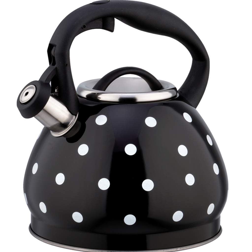 3 Liter Stainless Steel Whistling Tea Kettle with Polka Dot Design - Stovetop Safe, Ergonomic Handle for Home & Camping Use - Perfect for Tea Brewing, Coffee Making & Outdoor Cooking (Black)