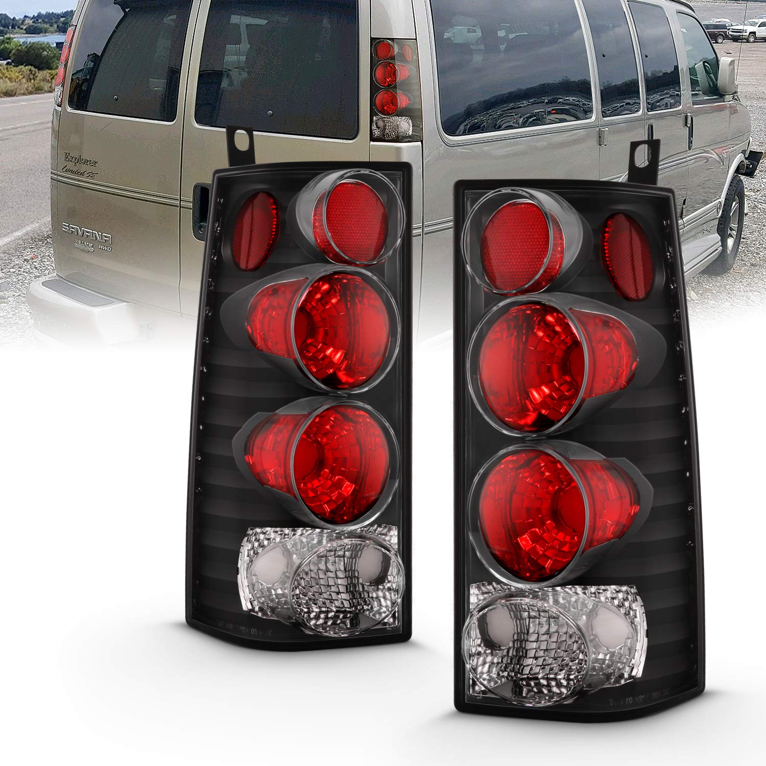 AmeriLite Black Replacement Brake Tail Lights Set for Chevy Express & GMC Savana Van - Left & Right Side - Durable LED Lights for Enhanced Safety & Style