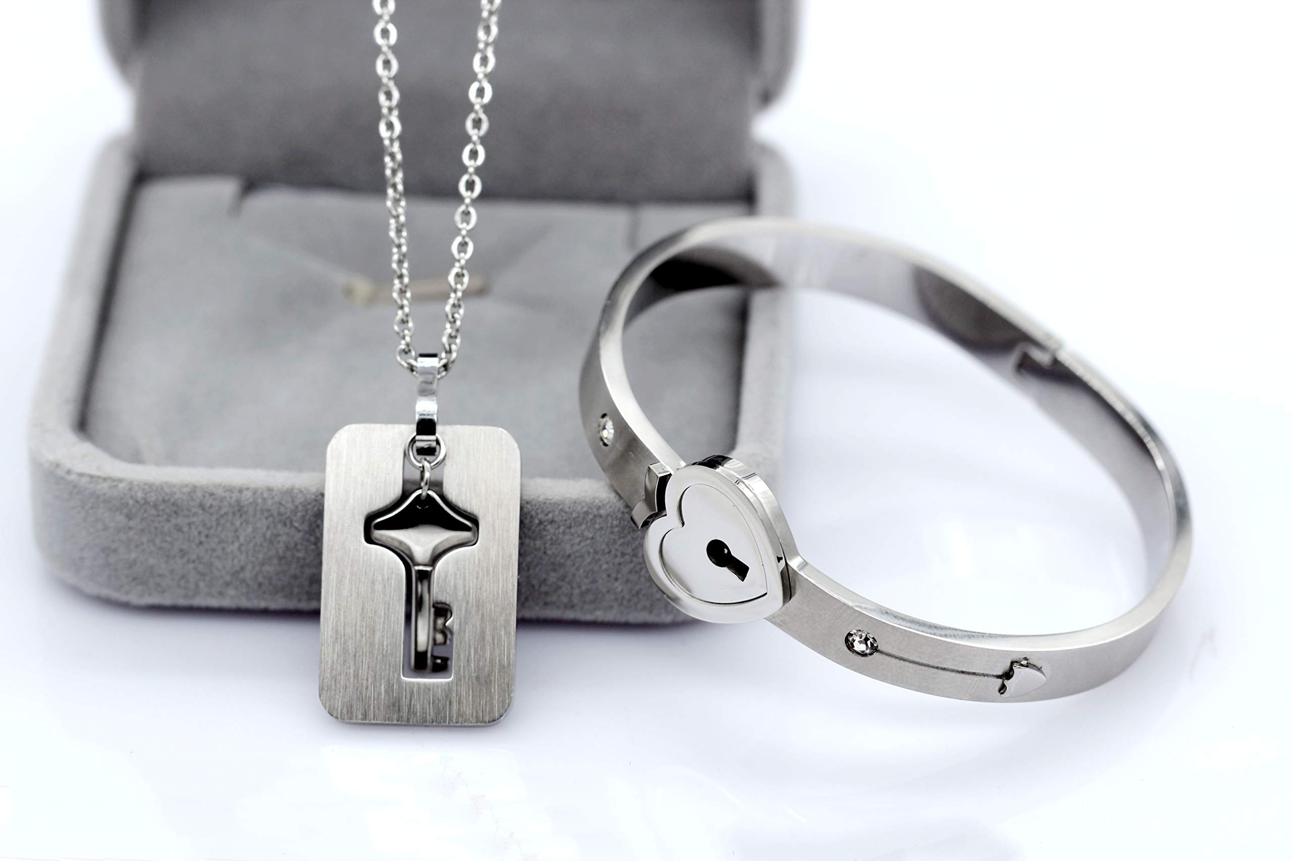 Titanium Steel Lock Bangle Bracelet & Key Pendant Necklace Set - Romantic Couple Jewelry for Valentine's Day, Anniversary Gifts for Him & Her - Perfect for Proposals, Weddings, and Special Occasions