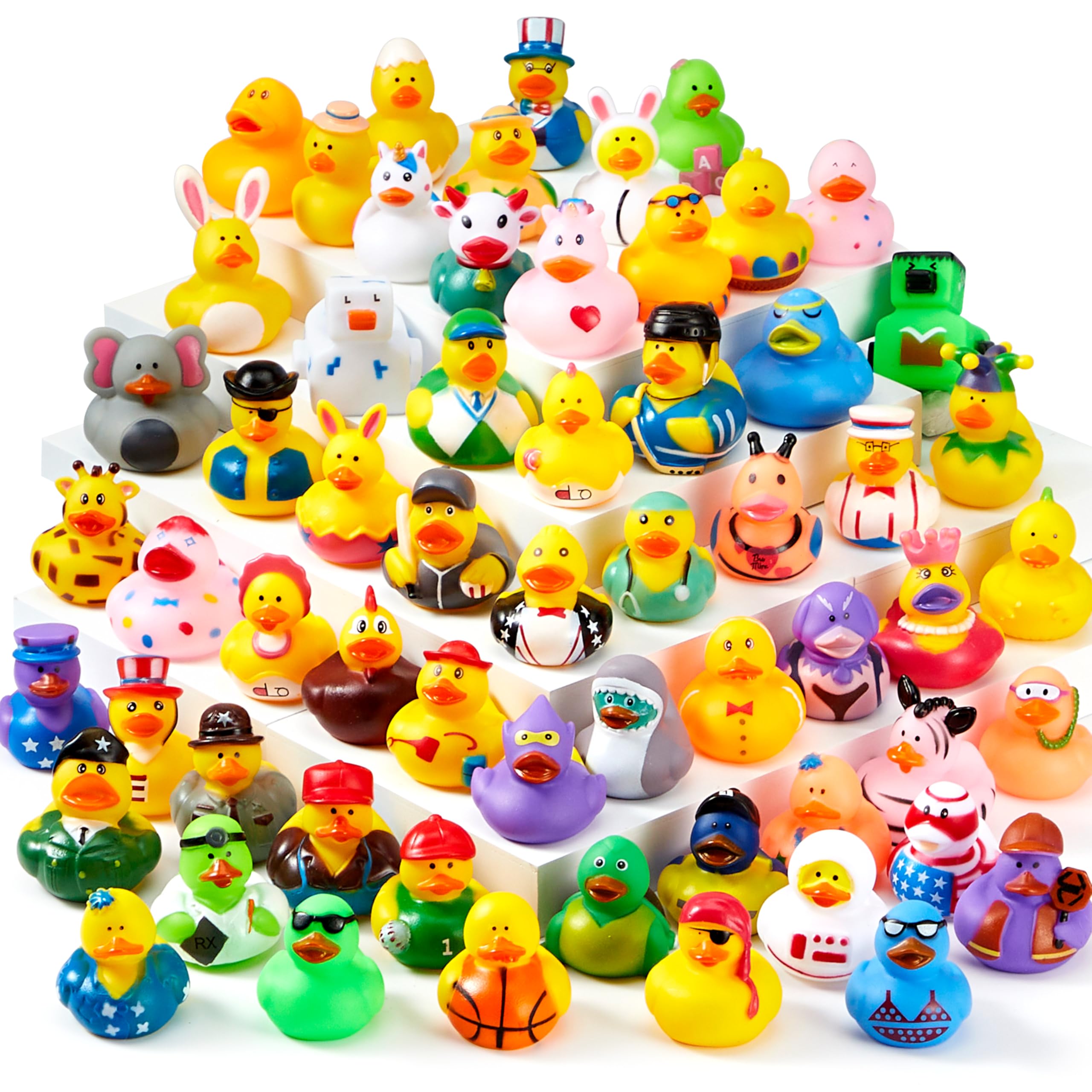 JOYIN 60 Pcs Assorted Rubber Duckie Toys with Mesh Carry Bag - Fun Bath, Shower, Pool & Beach Toys for Kids - Perfect for Baby Bath Time, Summer Activities, Carnival Prizes & Holiday Party Favors