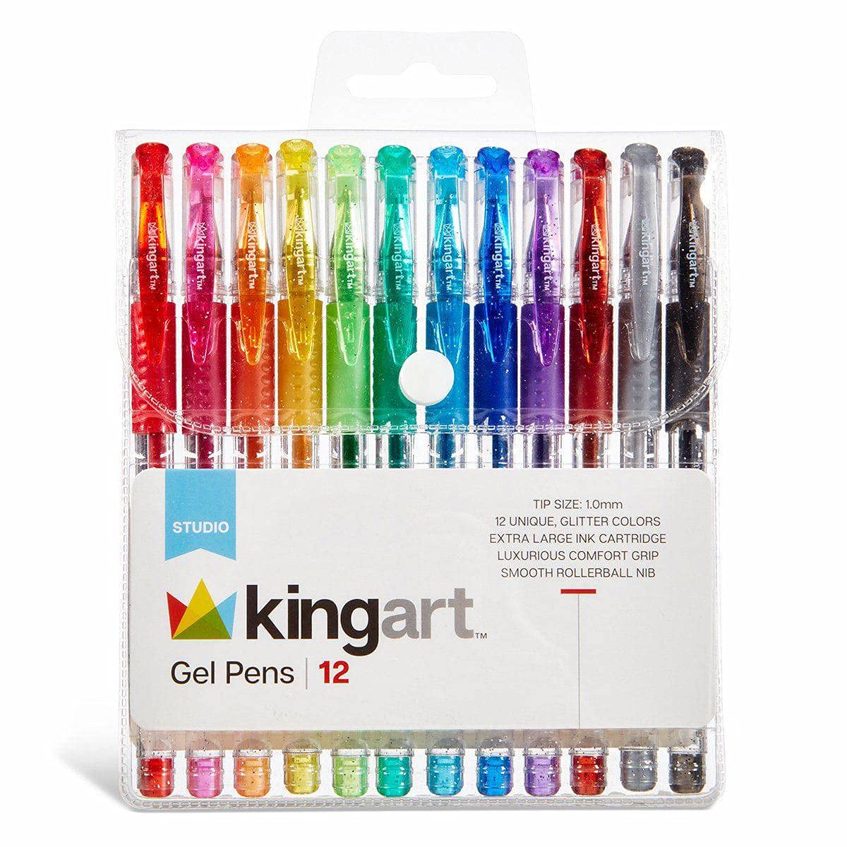 KINGART 12-Color Glitter Gel Pens Set - 2.5MM Soft-Grip Pens with 50% More Ink for Adult Coloring Books, Drawing, Journaling & Scrapbooking - Vibrant Sparkle Gel Pens Perfect for Art Projects, School Supplies & Creative Gifts for Kids & Adults