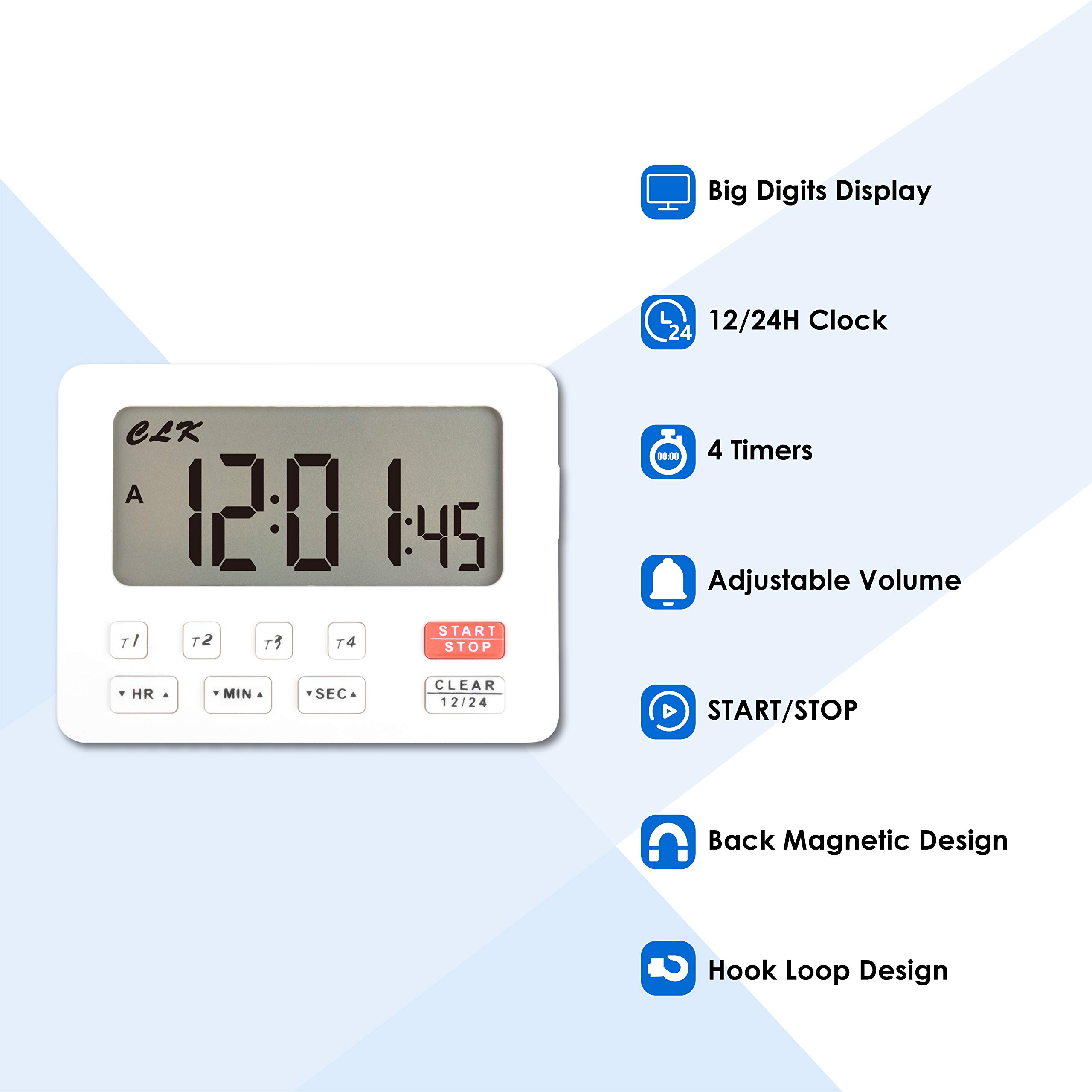 Runleader Digital Kitchen Timer with 4 Tracking Channels - Countdown & Stopwatch, 12/24 Hour Clock, Magnetic Back & Loop - Perfect for Cooking, Baking, Lab Work, Homework, and Exercise (White-206)