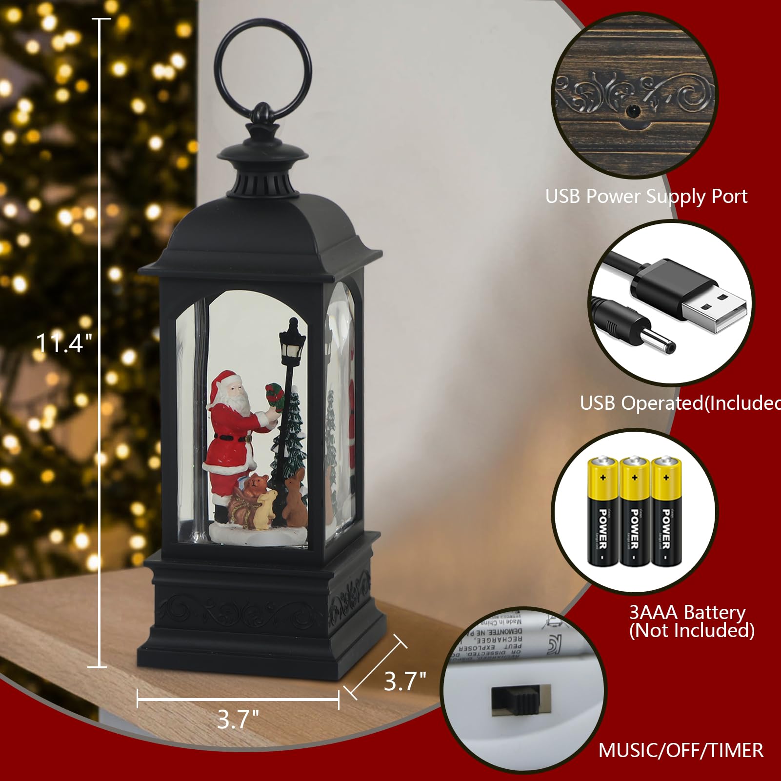 Eldnacele Santa Music Snow Globe Lantern - 6 Hour Timer, Battery & USB Powered, Singing Lighted Christmas Decoration with Swirling Water & Glitter | Perfect for Holiday Home Decor, Gift Giving & Festive Party Ambiance