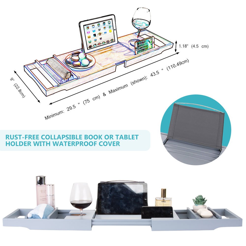 Premium Bamboo Bathtub Caddy Tray - Extendable Wooden Bath Shelf with Holder for Books, iPad, Kindle, Smartphone & Wine Glass - Gray - Perfect Relaxation Accessory for Spa Nights & Self-Care Moments