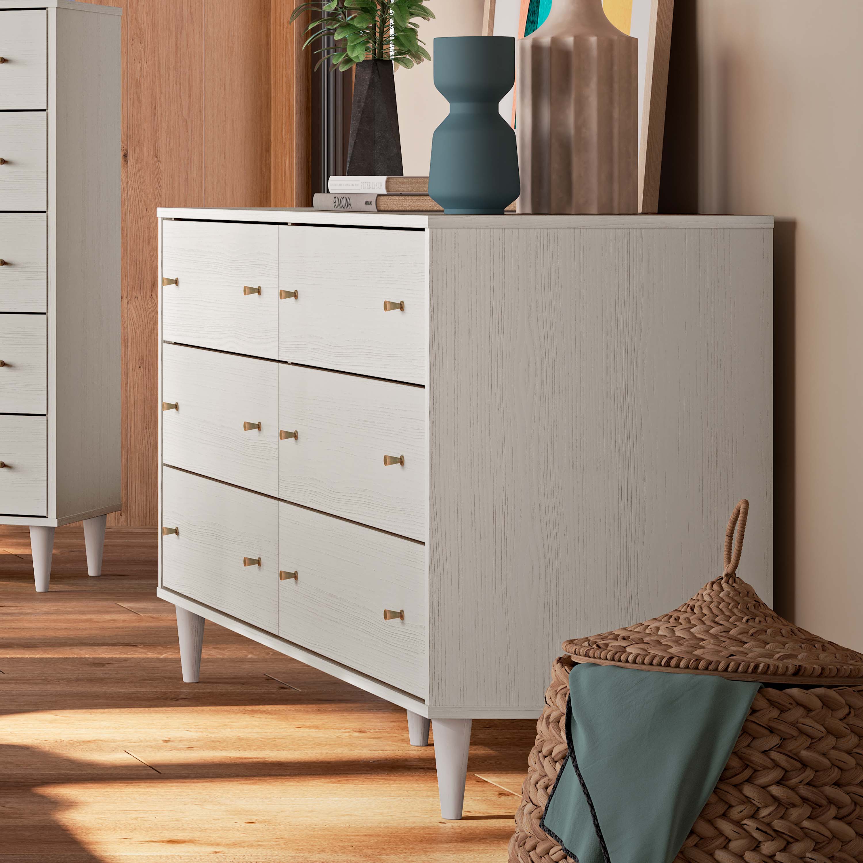 Vintage Mid Century Modern 6-Drawer Wooden Dresser - Solid Oak Storage Cabinet for Bedroom, Living Room & Office Organization