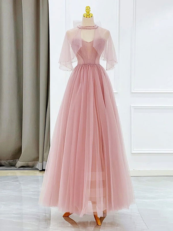 Elegant Pink Tulle Tea Length Prom Dress for Women - Formal Evening Gown for Homecoming, Quinceañera & Special Occasions