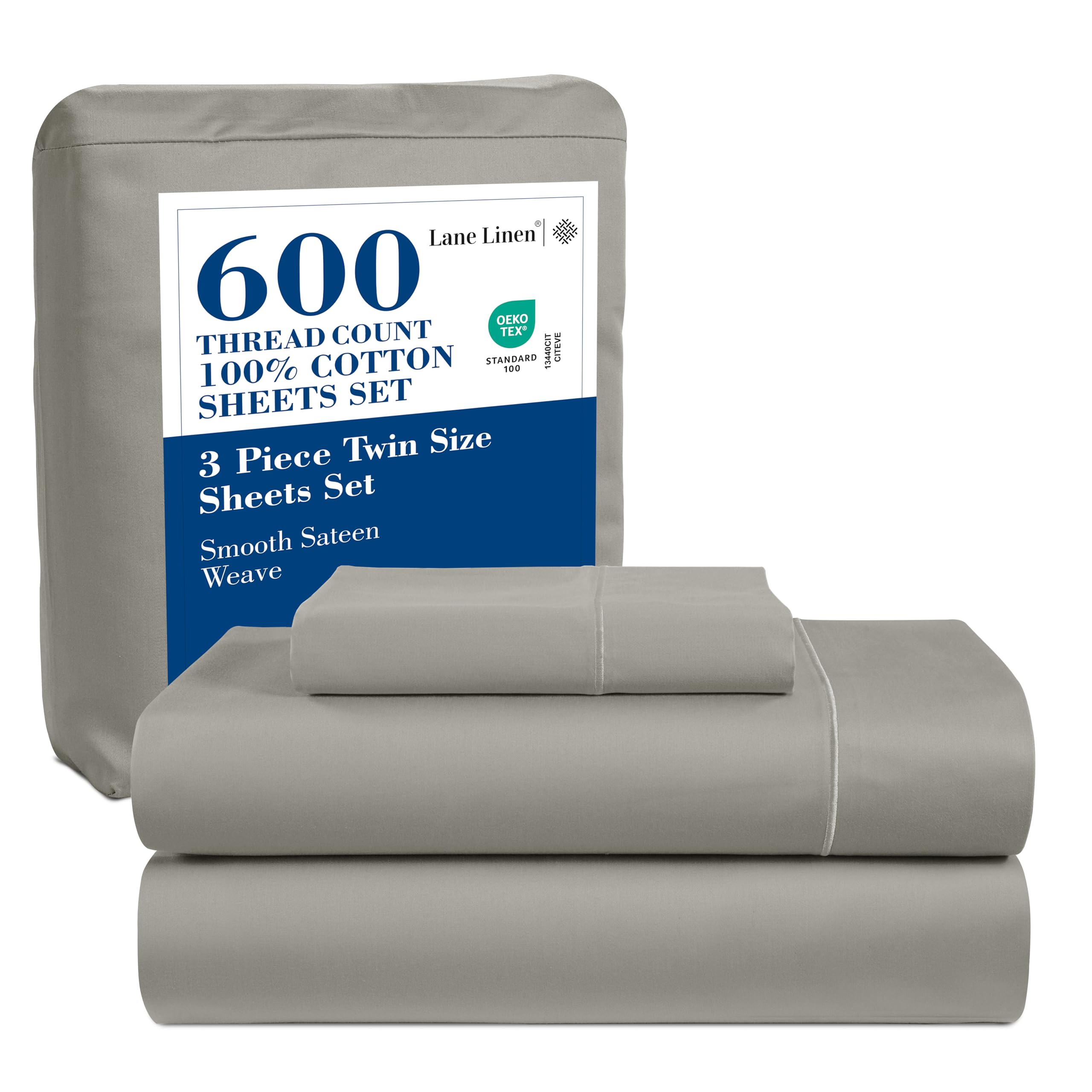 600 TC 100% Cotton Twin Bed Sheets Set - Premium Mercerized Sateen Bedding for Silky Softness & Durability - Fully Elasticized Twin Size Fitted Sheet, Ultra Breathable & Machine Washable - Perfect for Guest Rooms, Dorms & Cozy Bedrooms (Silver)
