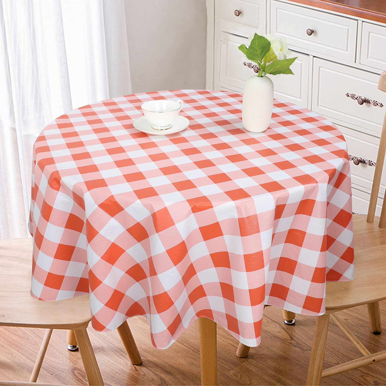 Vonabem 100% Waterproof Round PVC Tablecloth - Checkered Vinyl Table Cover, Oil & Spill Proof, Easy to Wipe Clean for Indoor & Outdoor Dining (Orange, 60 Inch Round) - Perfect for Picnics, BBQs, Parties & Everyday Kitchen Use