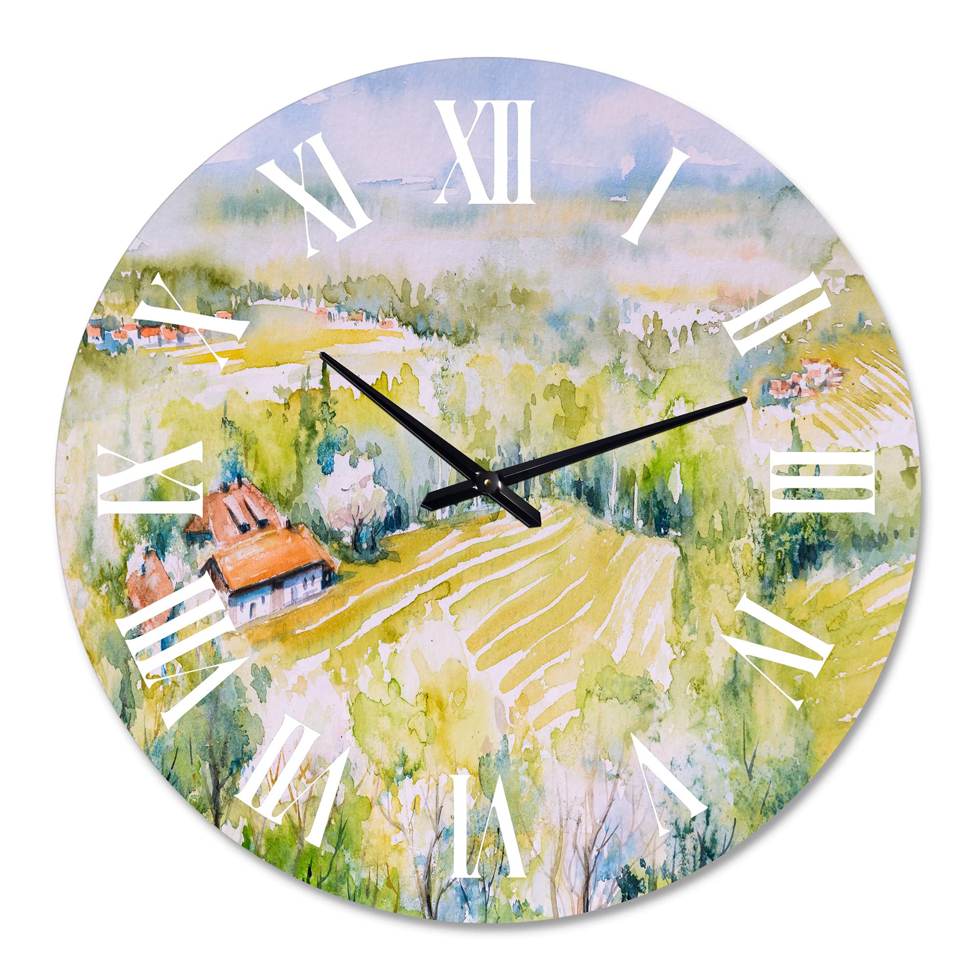 Large Country Wall Clock - 'Blossoming Green Fields' Landscape Nature Decor for Kitchen, Living Room, Bedroom | Rustic Farmhouse Style Home Décor