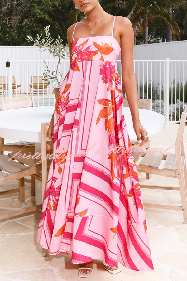 **Floral Print Square Neck Suspenders Casual Full Hem Maxi Dress for Women - Perfect for Summer Outings, Beach Vacations & Boho Chic Style**