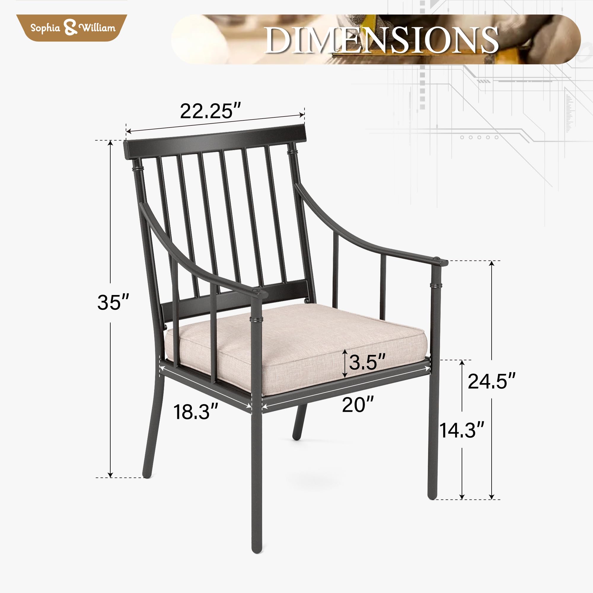 Sophia & William Black Metal Outdoor Dining Chairs Set of 2 with Cushions - 300lb Capacity Patio Furniture for Porch, Yard, Balcony | Perfect for Outdoor Dining, Garden Parties & Relaxing Conversations
