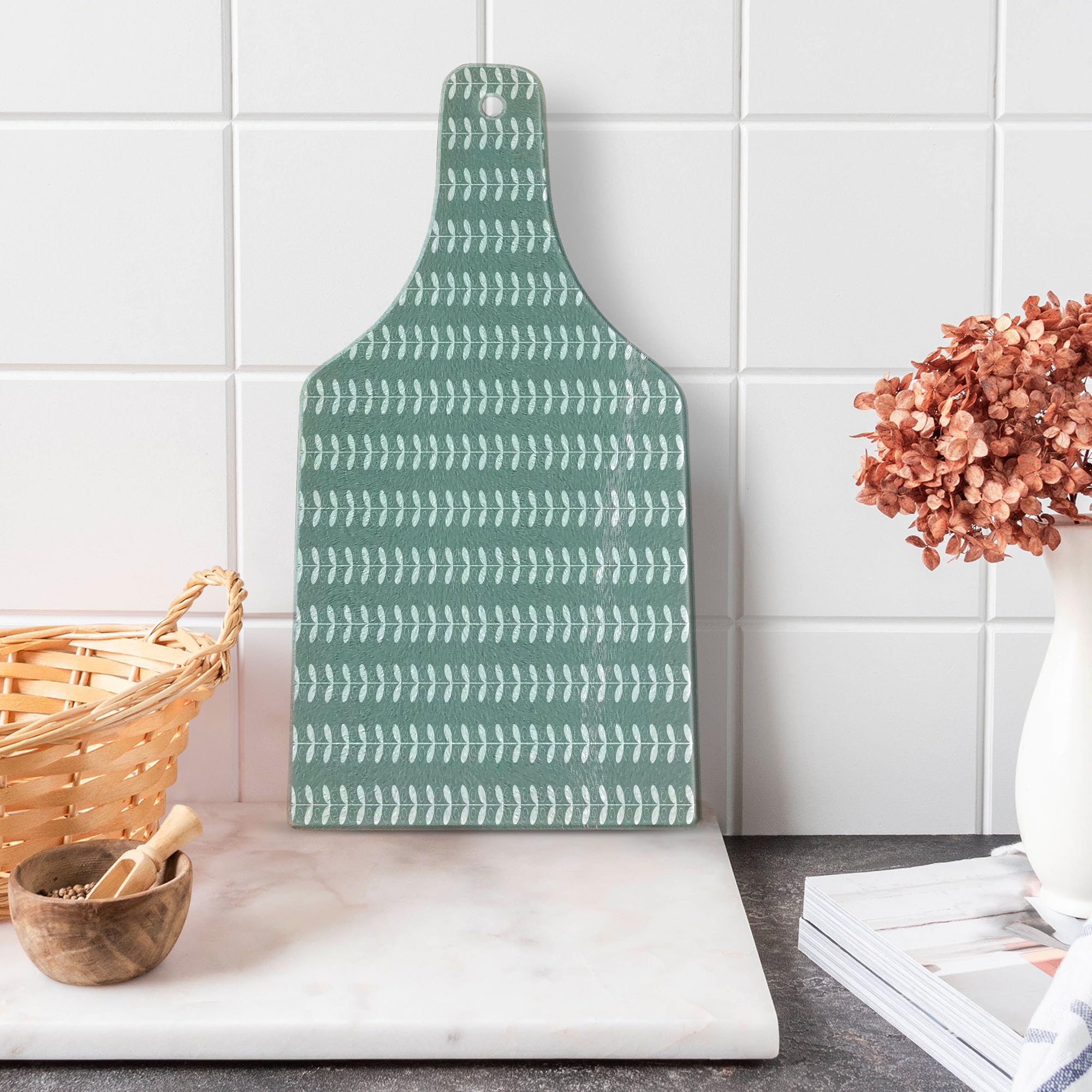 Ambesonne Nature-Inspired Tulip Branch Cutting Board - French Baroque Style Tempered Glass Serving Board - Wine Bottle Shape in Pale Sage Green & White - Perfect for Kitchen Prep, Charcuterie, and Wine Pairing