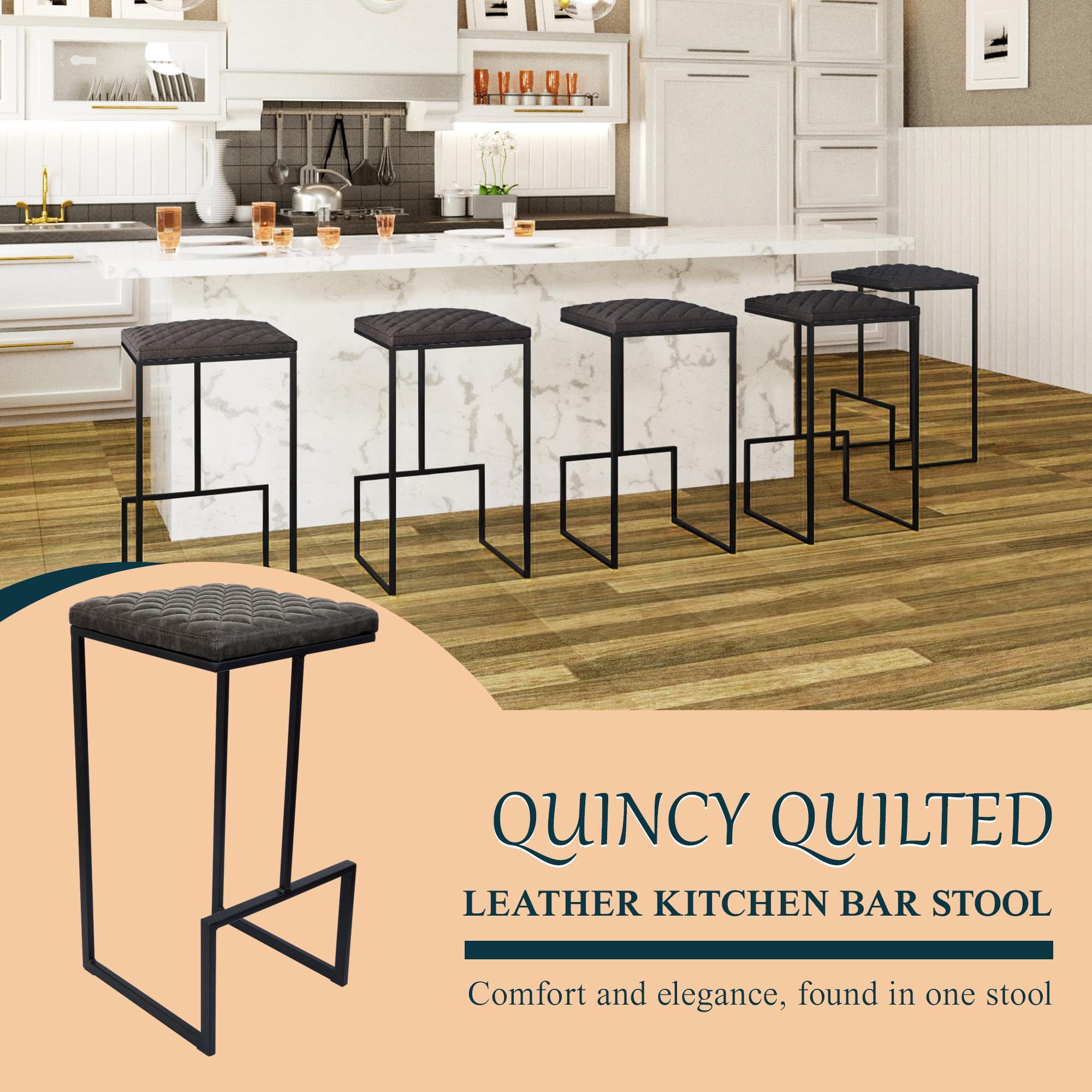 Quincy Quilted Leather Bar Stools Set of 2 - Grey Stitched Counter Height Stools with Metal Frame for Kitchen Island, Breakfast Nook & Home Bar | Durable & Comfortable Seating