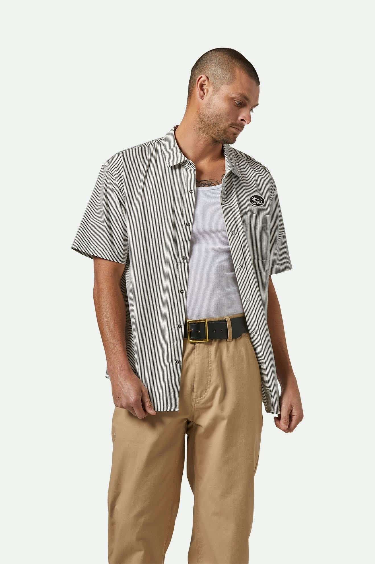 Men's Builders Auto Short Sleeve Shirt - Black & Off White Striped Casual Button Down for Work, Outdoor Activities & Everyday Wear