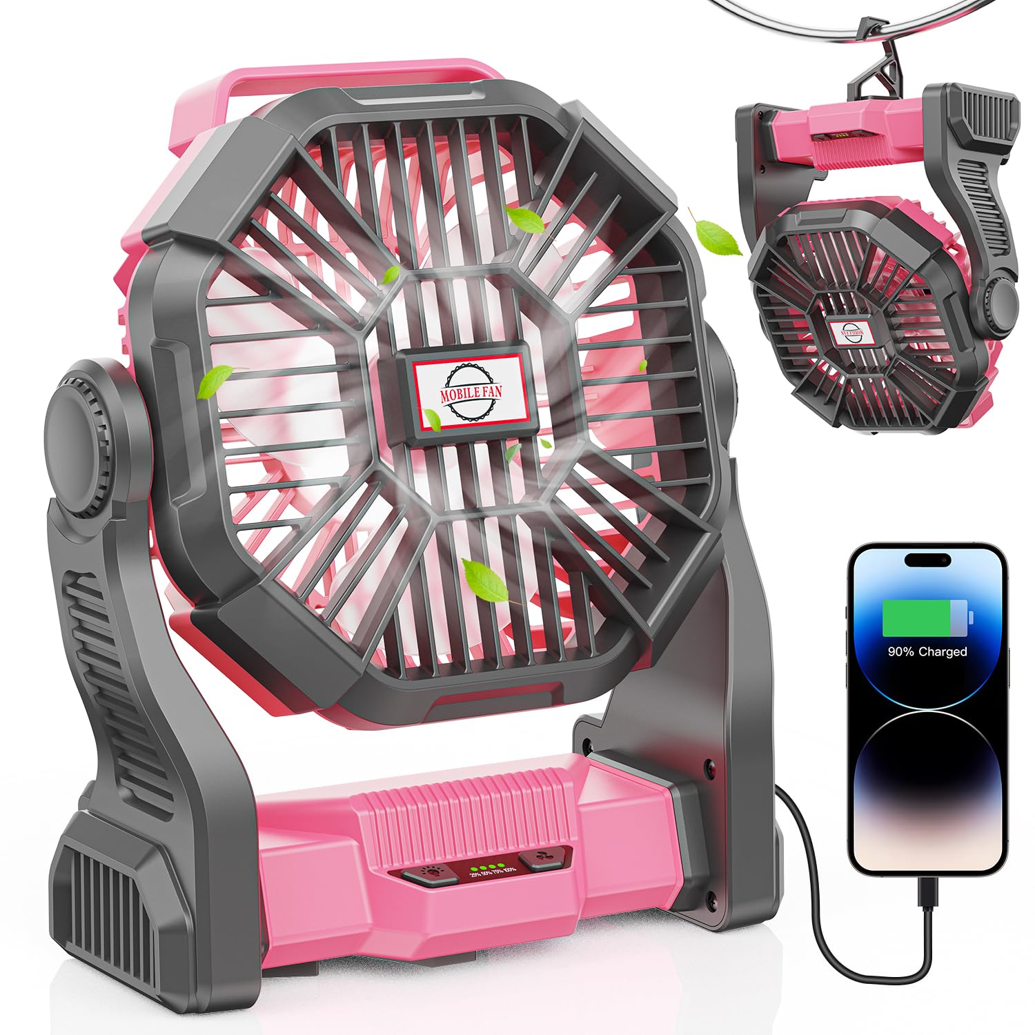 DOWILLDO 10400mAh Rechargeable Battery Operated Fan with LED Light & Hooks - Portable Camping Fan for Outdoor Activities, Picnic, BBQ, Fishing, Travel, Tent, Home, Office (Pink) | Stay Cool Anywhere